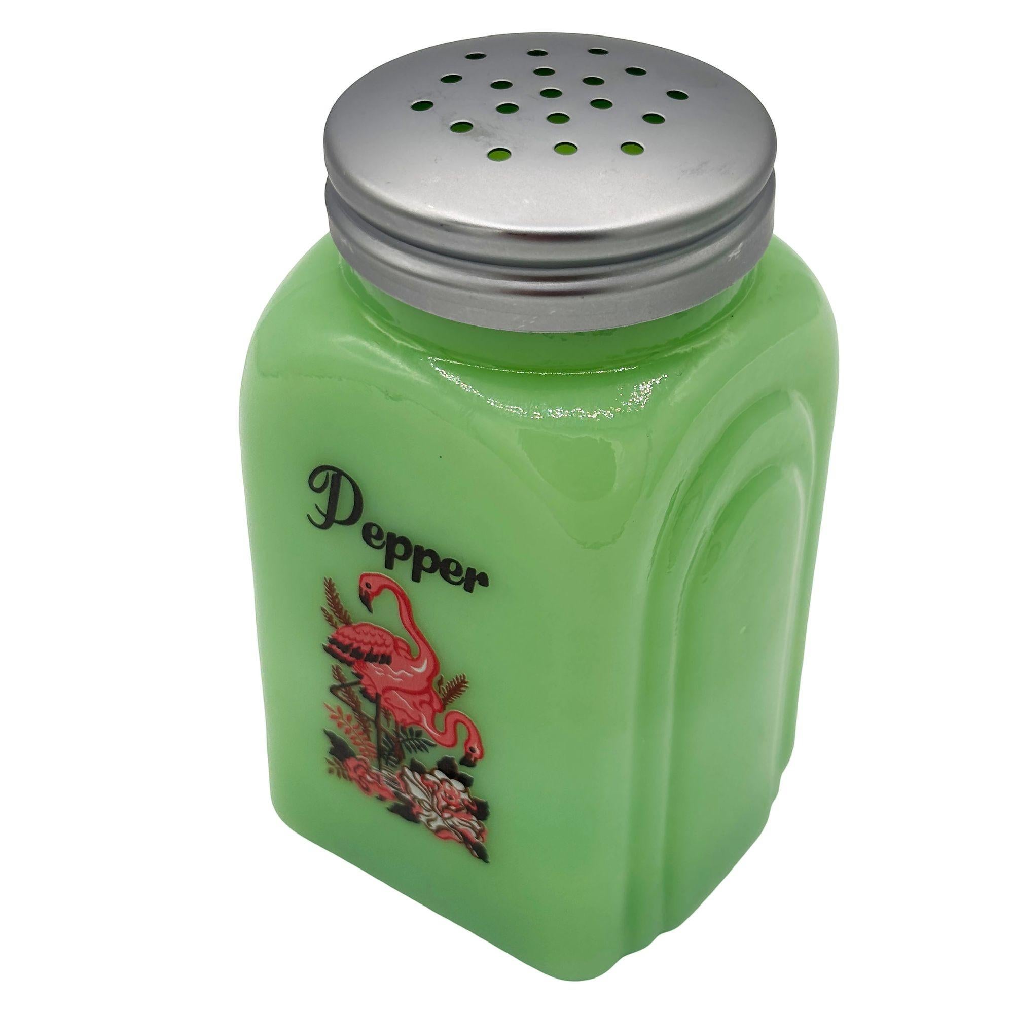 Set di sale e pepe di metà secolo in vetro verde giadeite con fenicotteri rosa in vendita 3