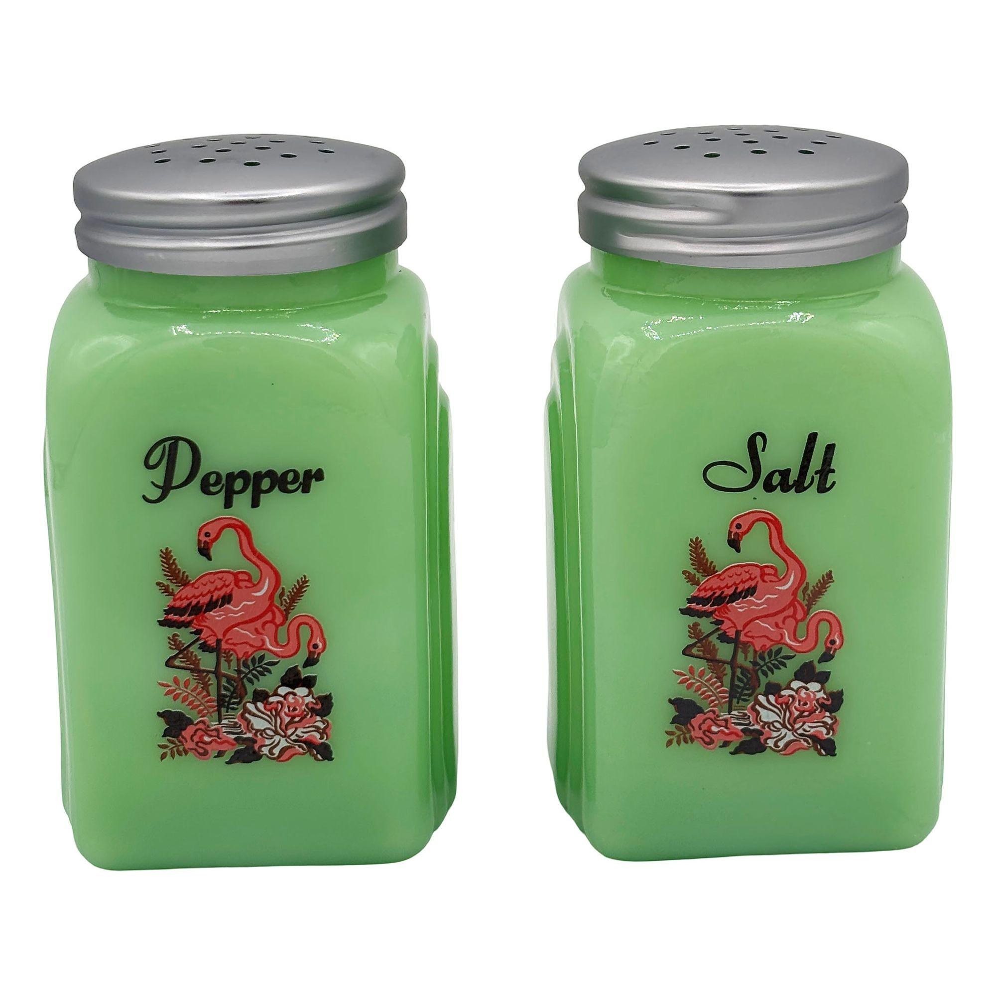 Set di sale e pepe di metà secolo in vetro verde giadeite con fenicotteri rosa in vendita 6