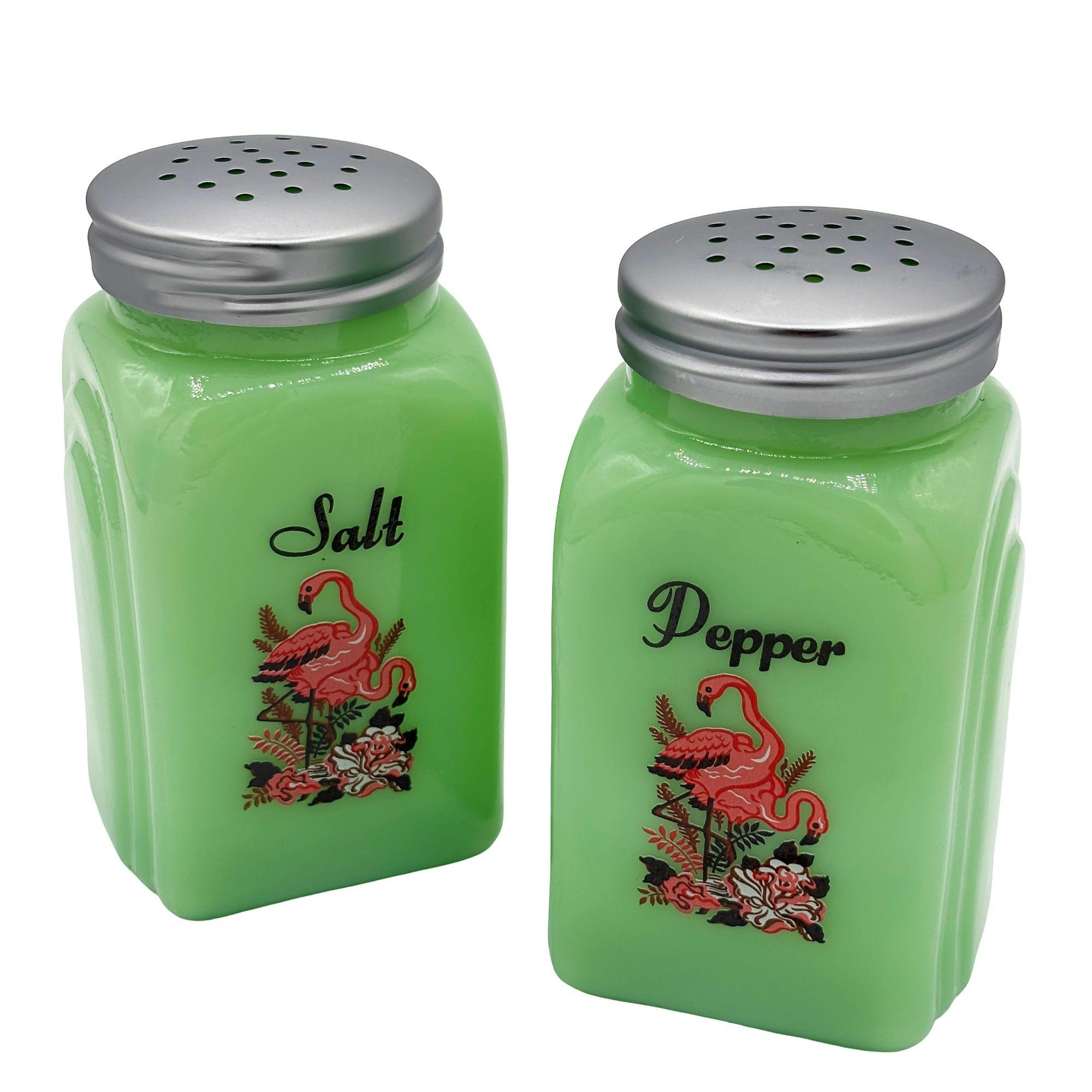Mid-Century moderno Set di sale e pepe di metà secolo in vetro verde giadeite con fenicotteri rosa in vendita