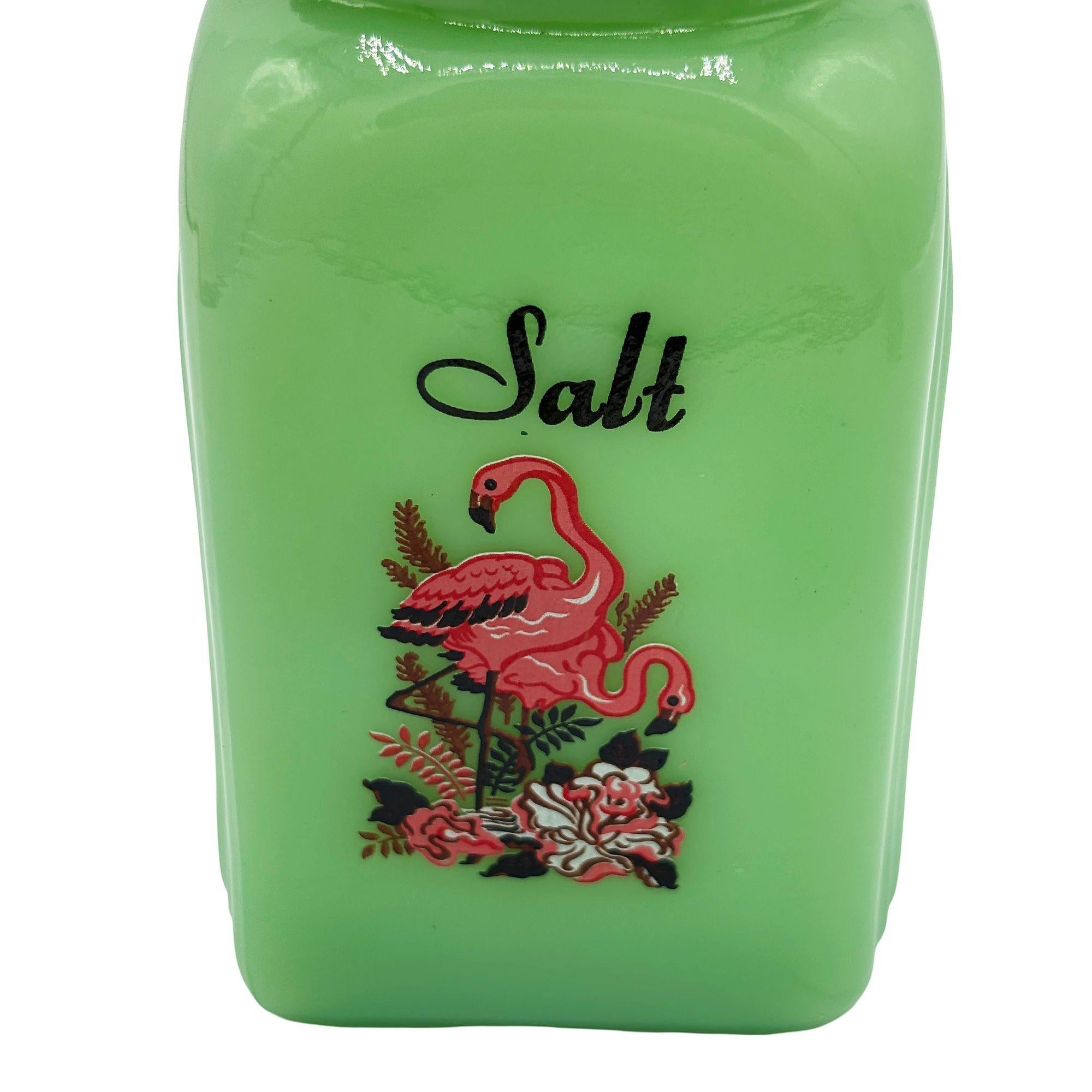 Acciaio Set di sale e pepe di metà secolo in vetro verde giadeite con fenicotteri rosa in vendita