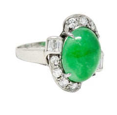 Mid-Century Jadeite Jade Diamond Platinum Bypass Ring GIA