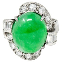 Mid-Century Jadeite Jade Diamond Platinum Bypass Ring GIA