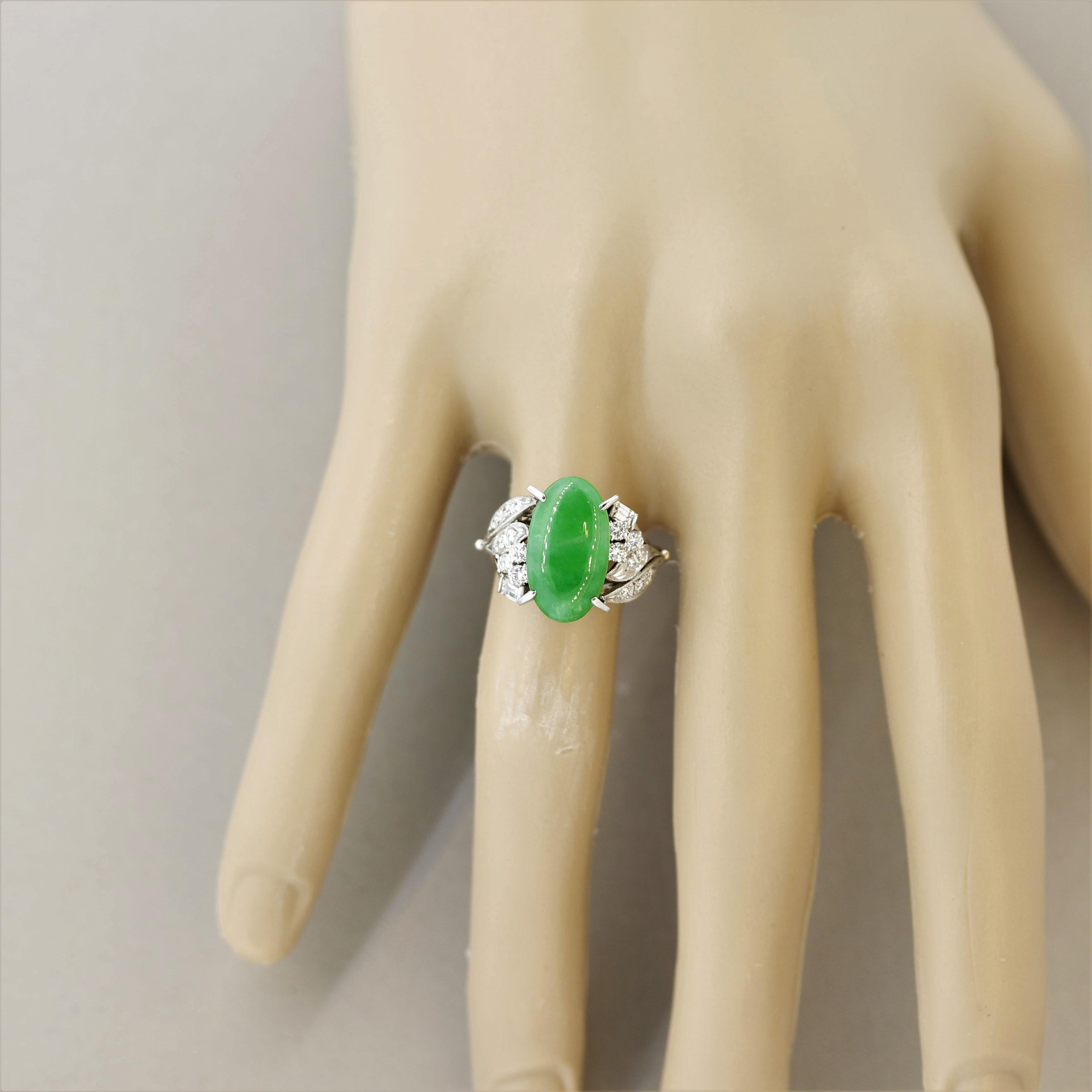 Mid-Century Jadeite Jade Diamond Platinum Ring, GIA Certified 1
