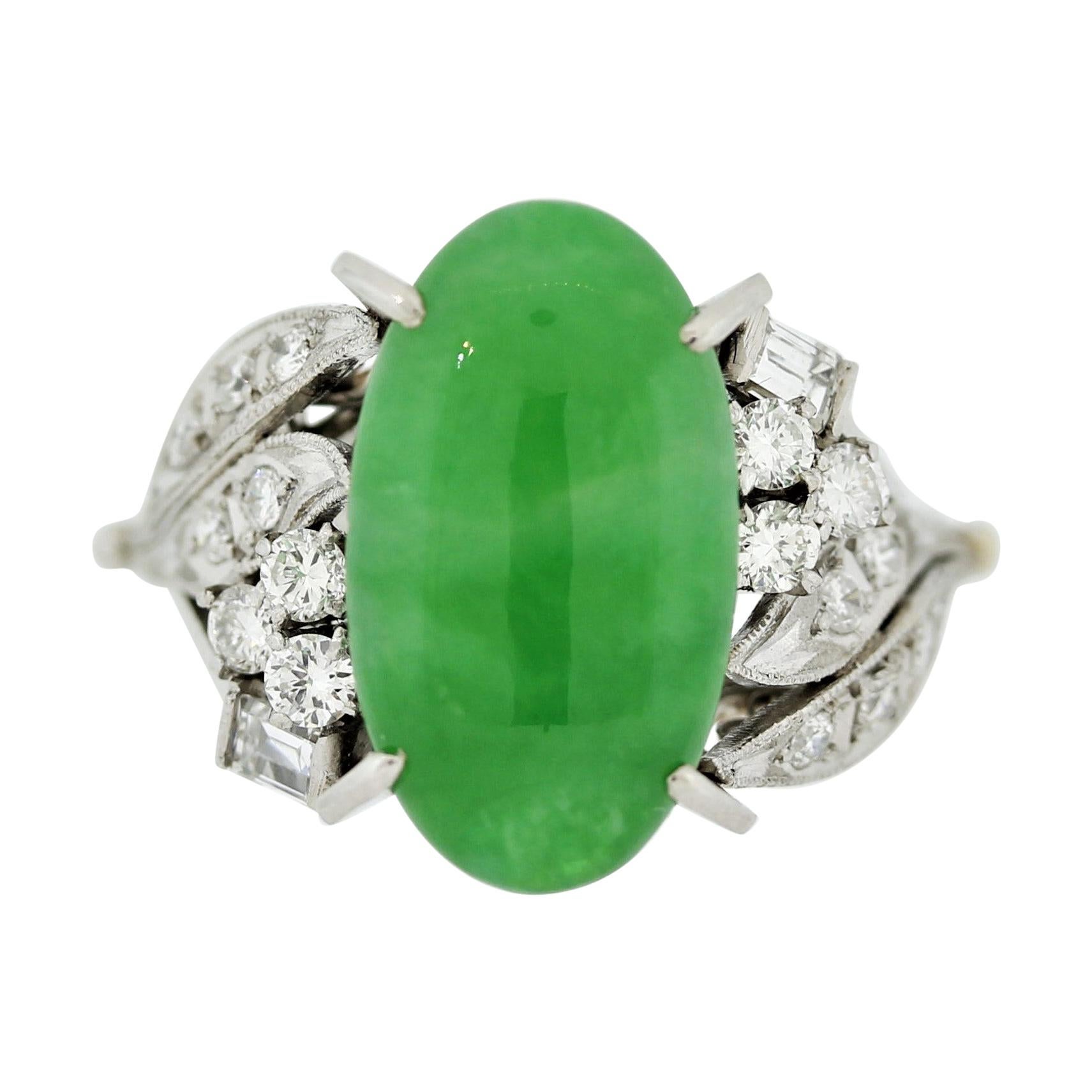 Mid-Century Jadeite Jade Diamond Platinum Ring, GIA Certified