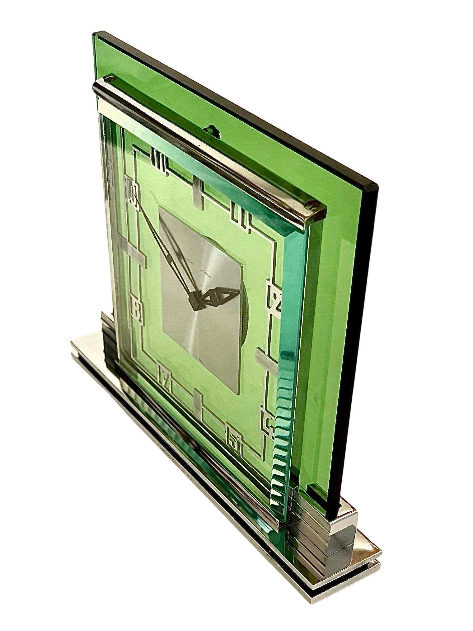 Mid Century Jaeger LeCoultre and Garard Chrome and Green Glass Mantel Clock 3