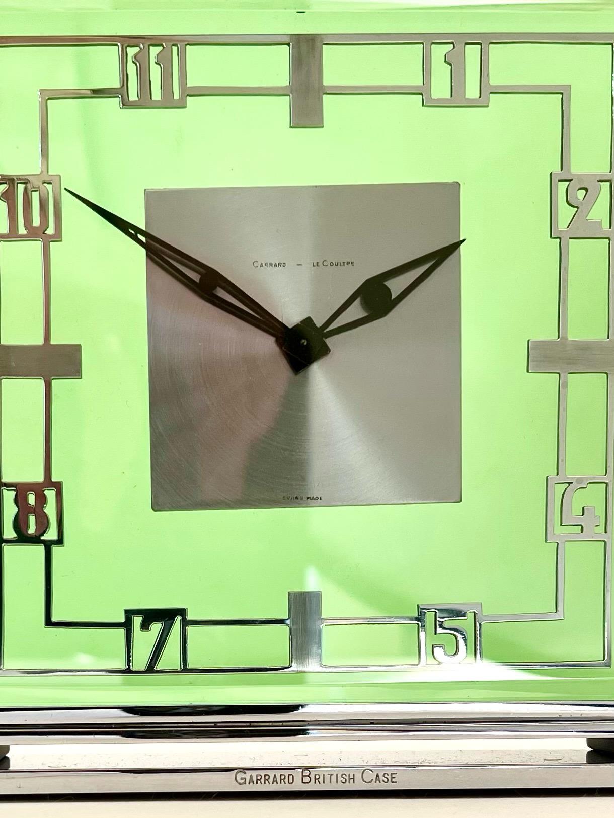 Mid Century Jaeger LeCoultre and Garard Chrome and Green Glass Mantel Clock 4