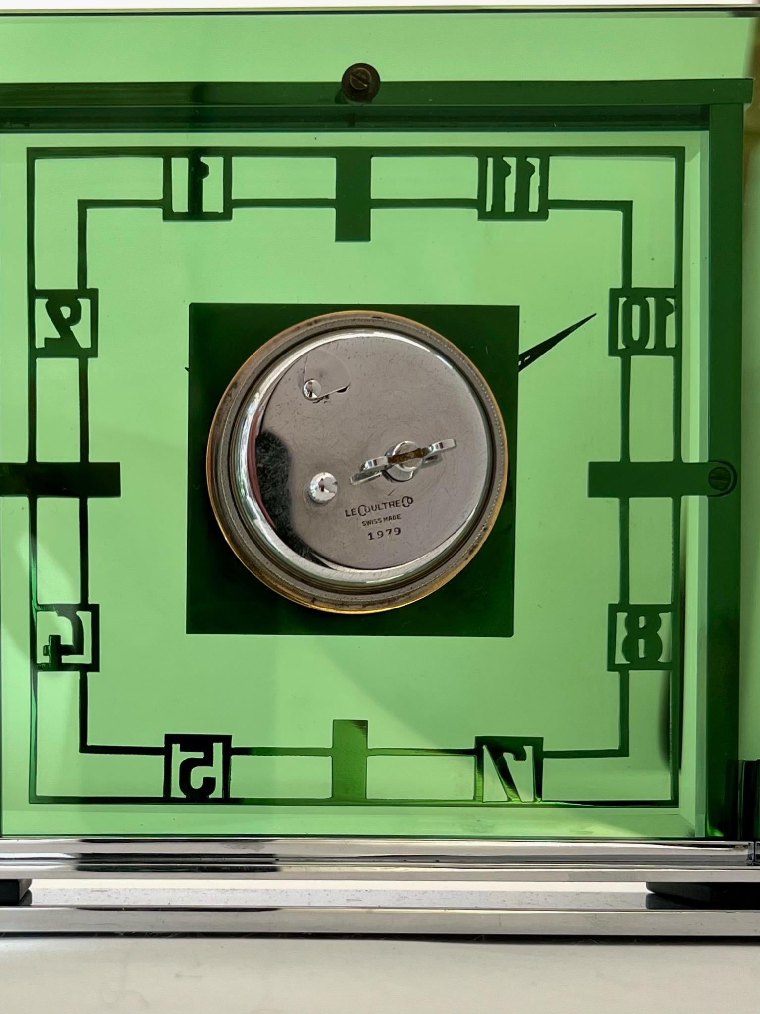 Mid Century Jaeger LeCoultre and Garard Chrome and Green Glass Mantel Clock 5