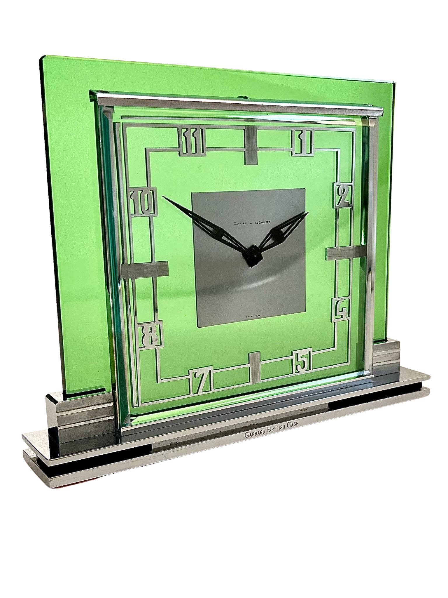 Swiss Mid Century Jaeger LeCoultre and Garard Chrome and Green Glass Mantel Clock