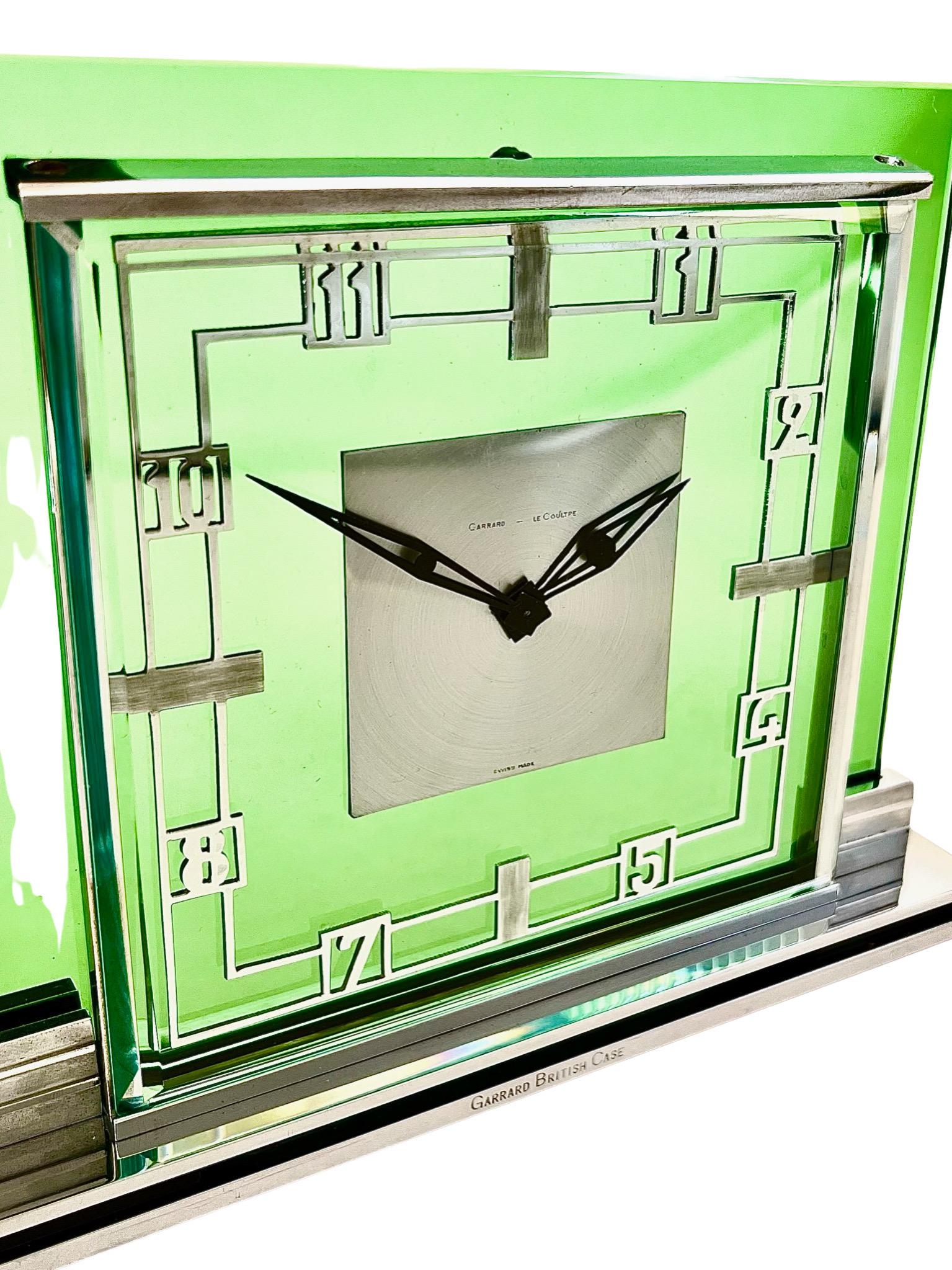 Beveled Mid Century Jaeger LeCoultre and Garard Chrome and Green Glass Mantel Clock