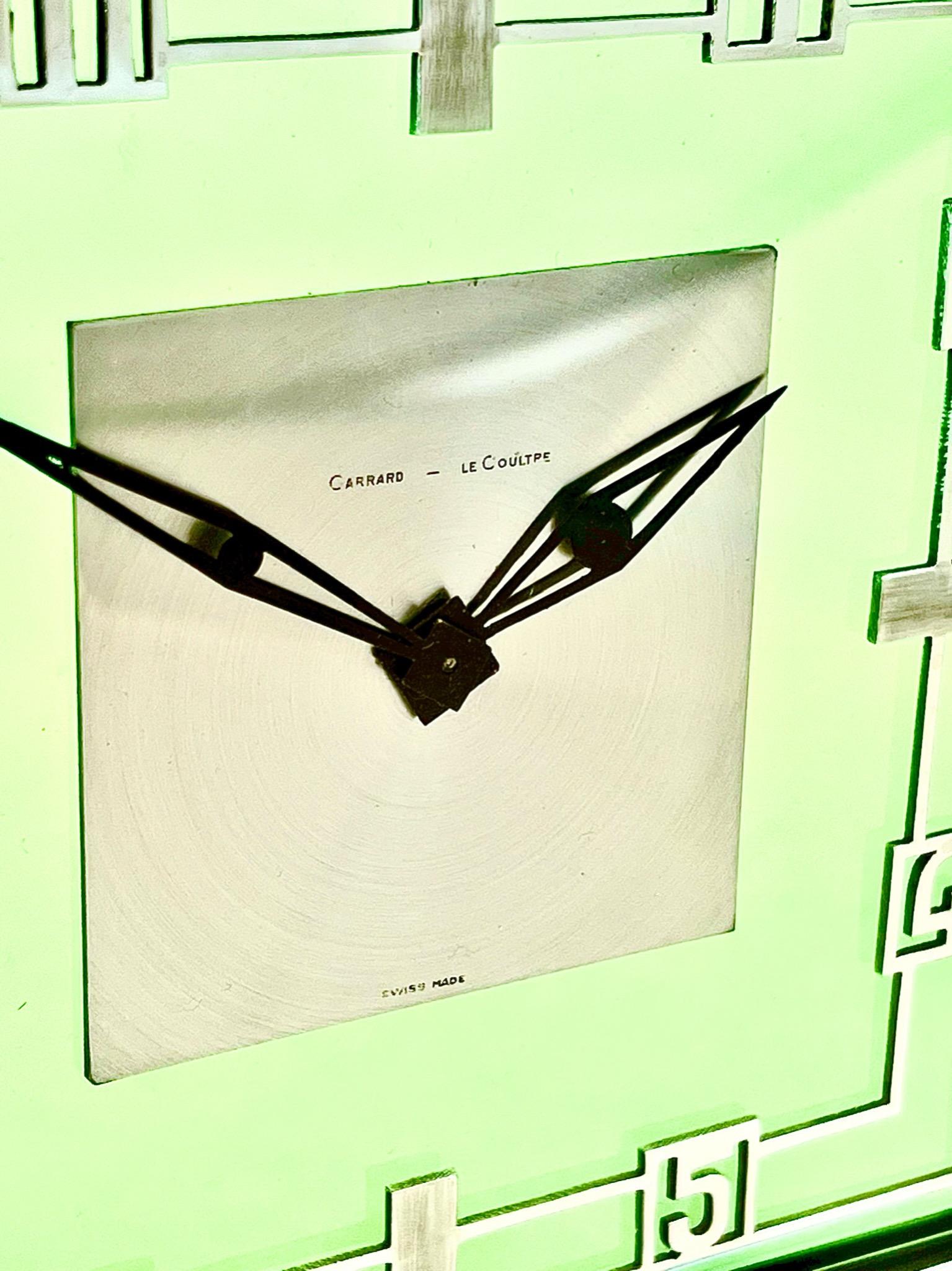 Mid Century Jaeger LeCoultre and Garard Chrome and Green Glass Mantel Clock In Good Condition In London, GB