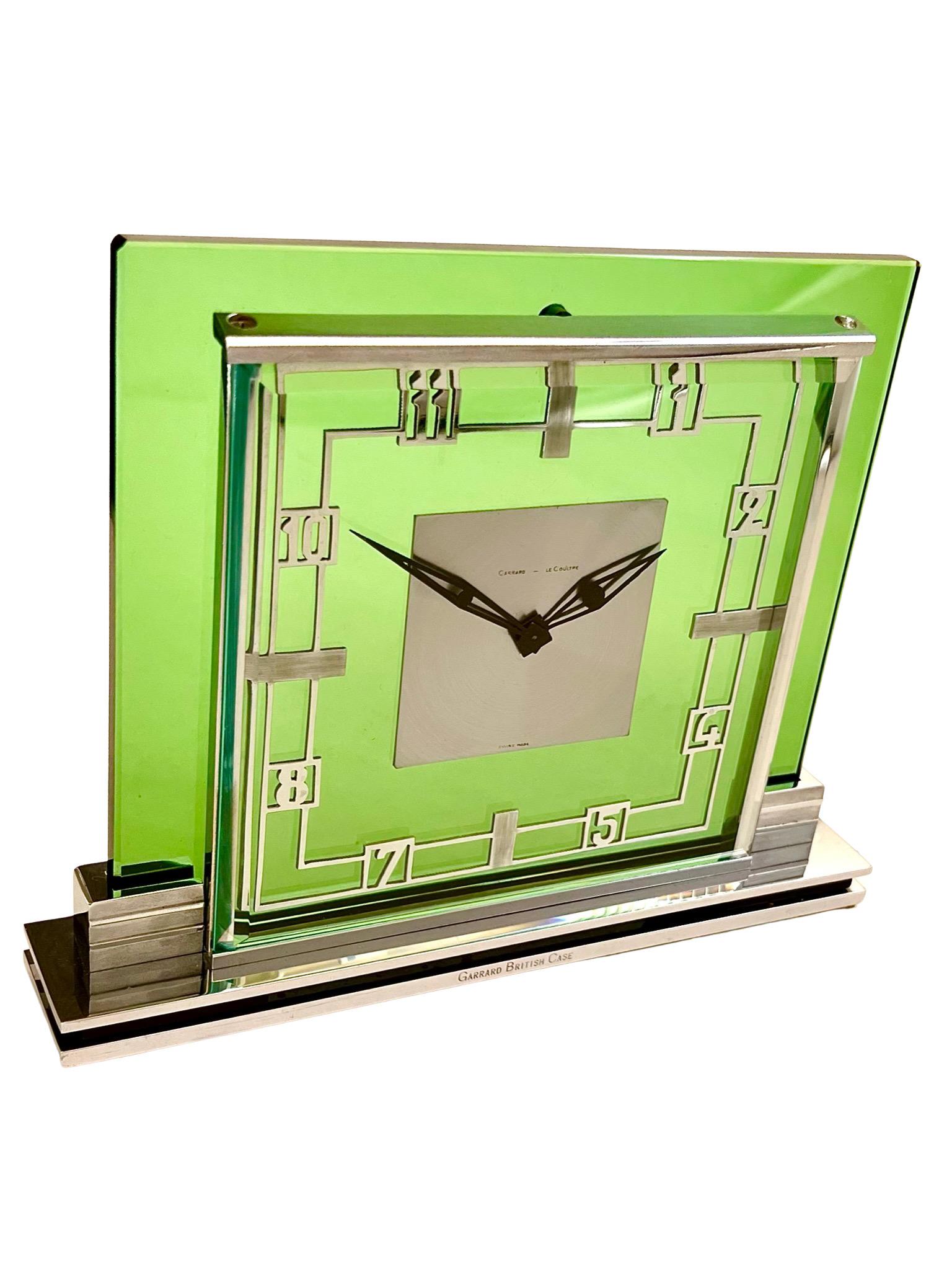 Late 20th Century Mid Century Jaeger LeCoultre and Garard Chrome and Green Glass Mantel Clock