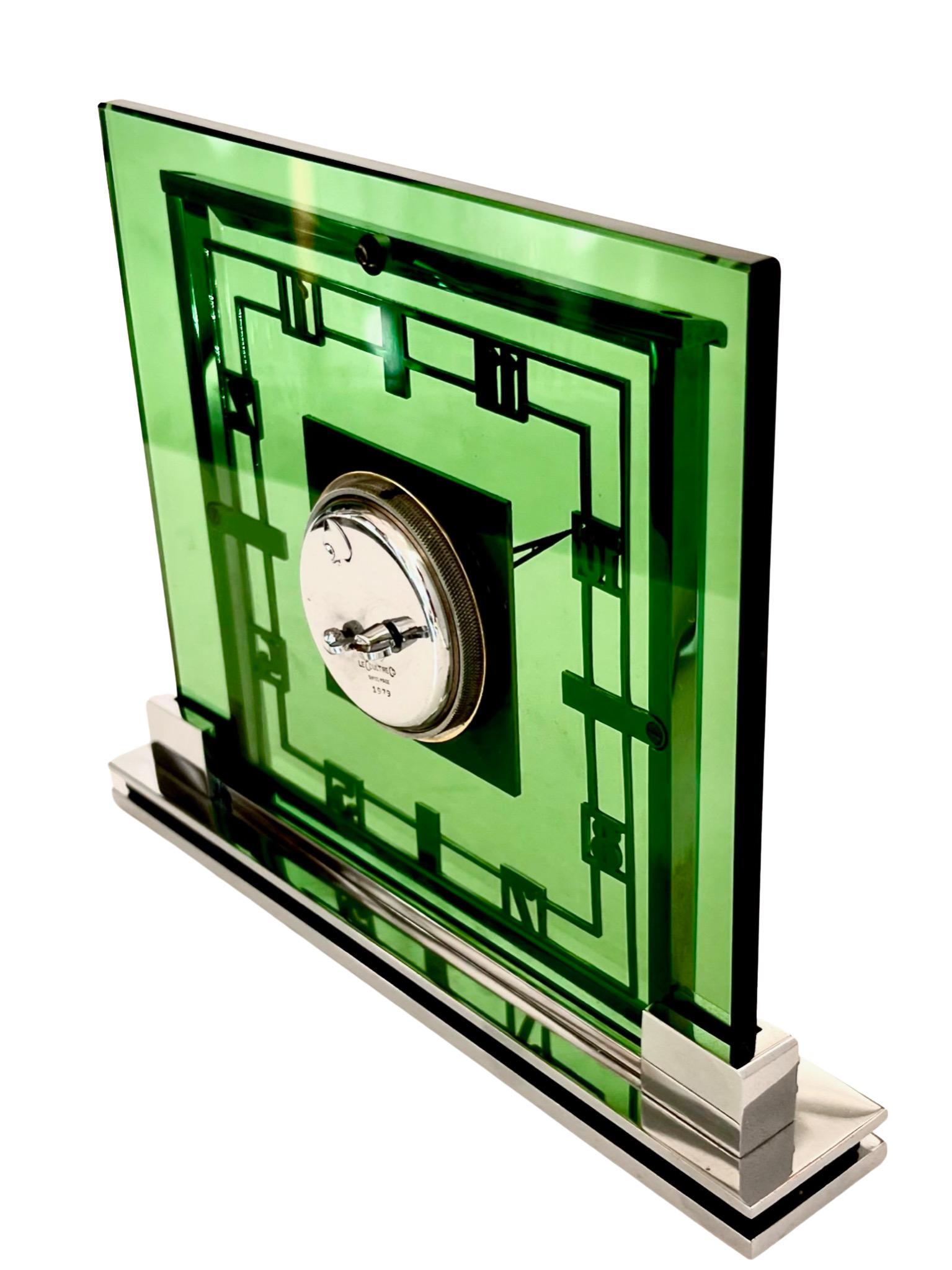 Mid Century Jaeger LeCoultre and Garard Chrome and Green Glass Mantel Clock 1