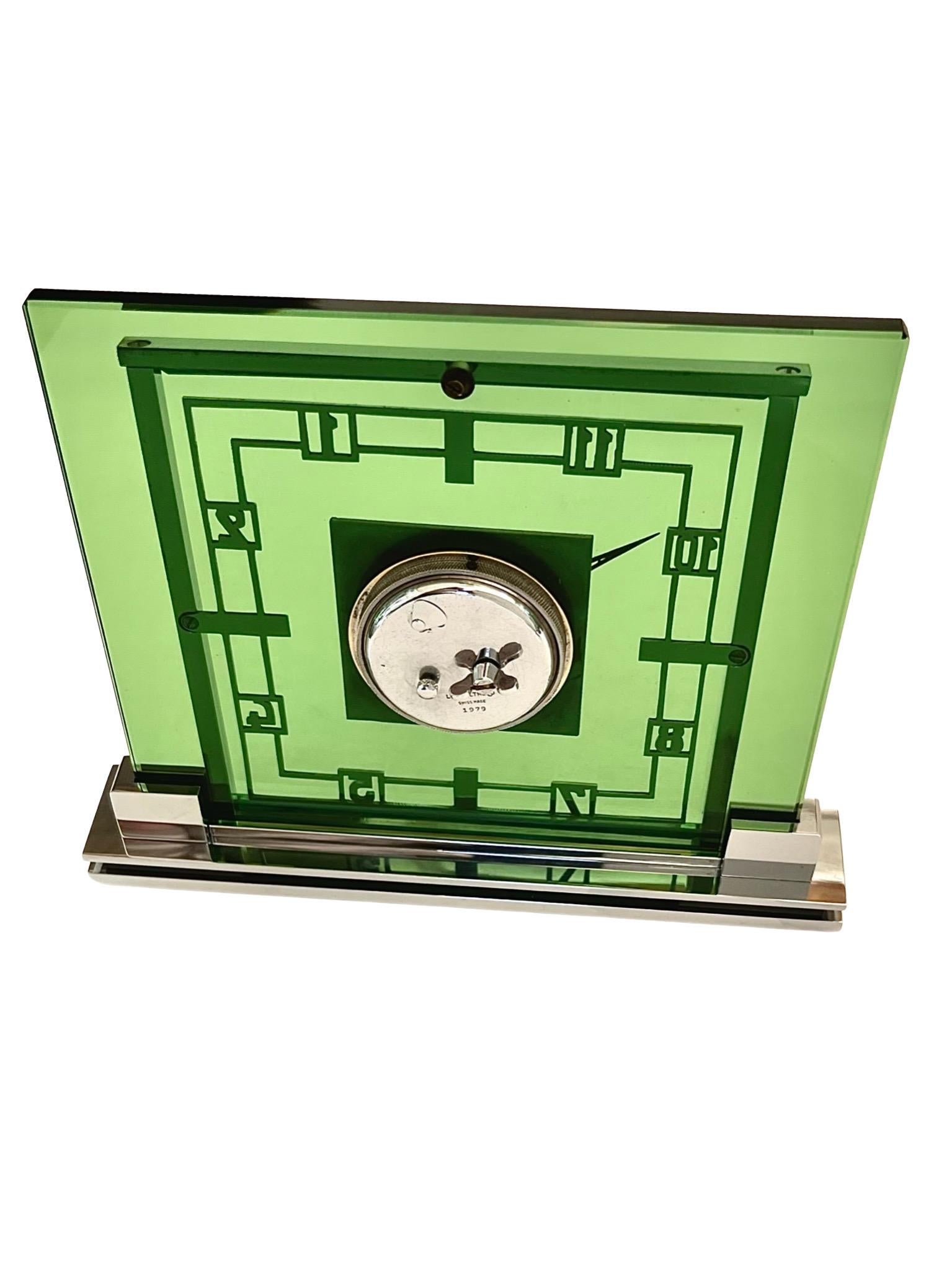 Mid Century Jaeger LeCoultre and Garard Chrome and Green Glass Mantel Clock 2