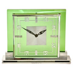 Retro Mid Century Jaeger LeCoultre and Garard Chrome and Green Glass Mantel Clock