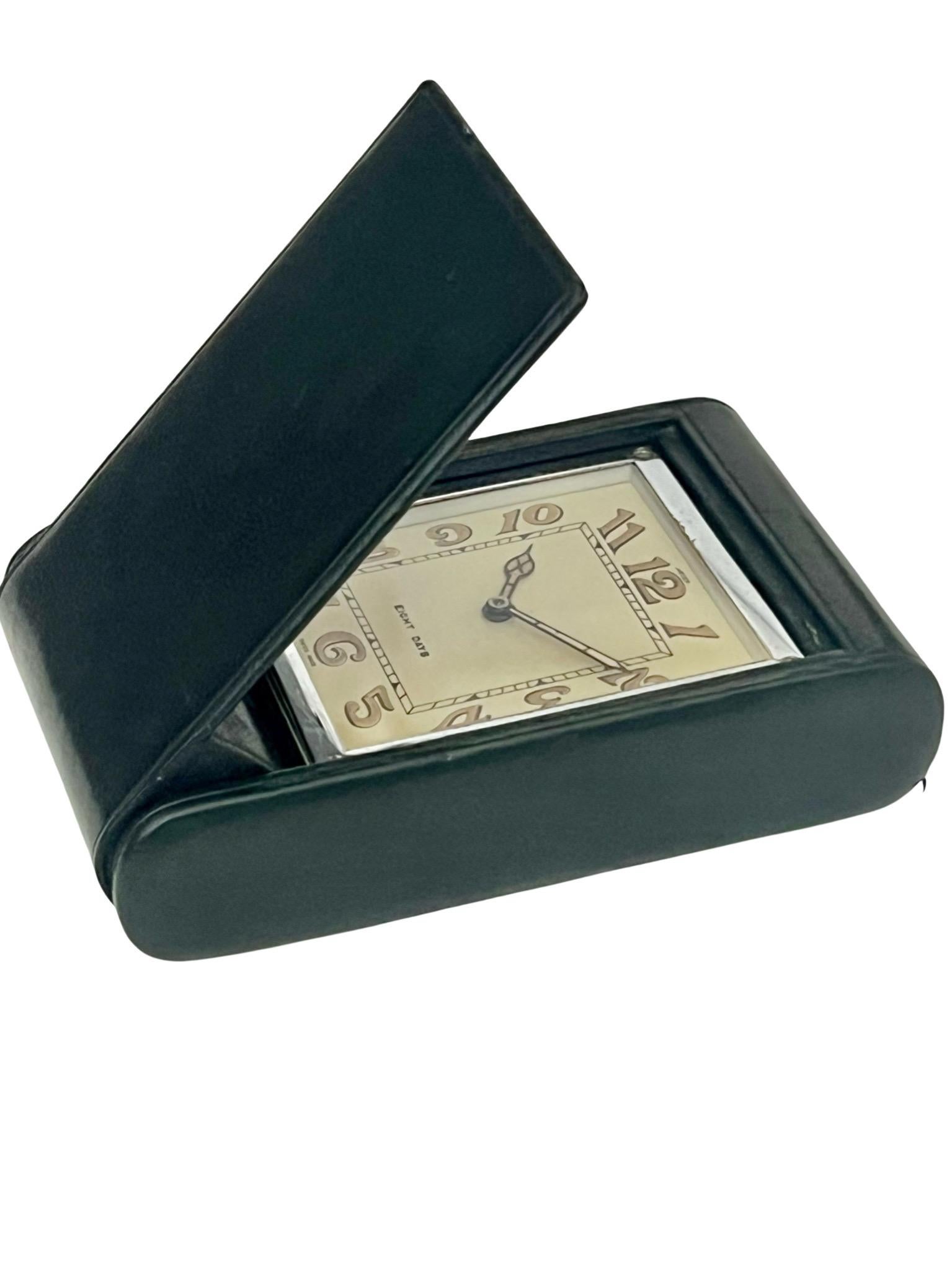 Jaeger LeCoultre Mid Century Green Leather Folding Eight Day Travel Clock For Sale 3