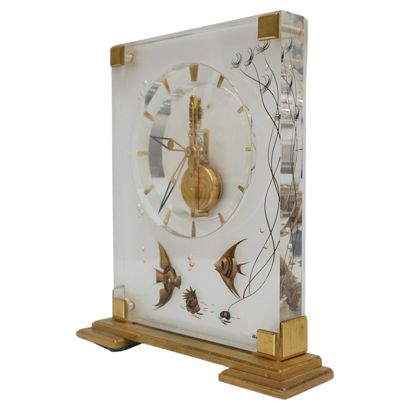 Mid-Century Jaeger LeCoultre 'Marina' Clock Lucite and Brass Circa 1960