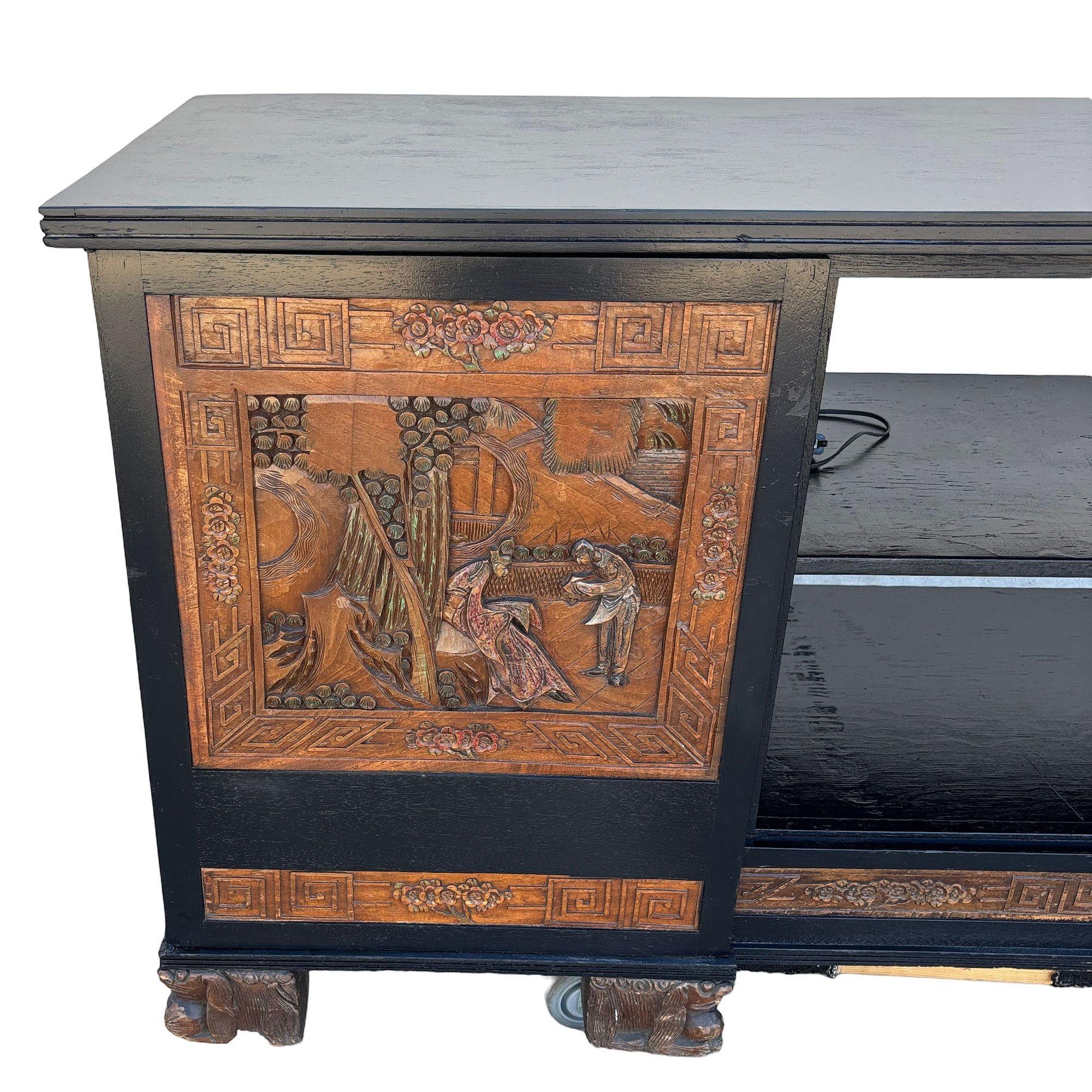 Mid-century James Mont Style Carved Media Credenza Stereo Cabinet For Sale 3