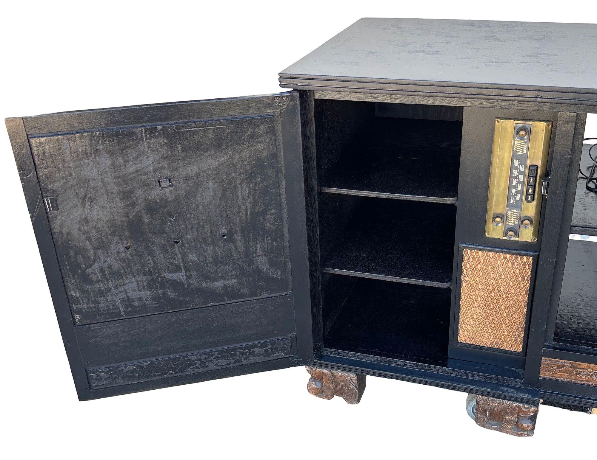 American Mid-century James Mont Style Carved Media Credenza Stereo Cabinet For Sale