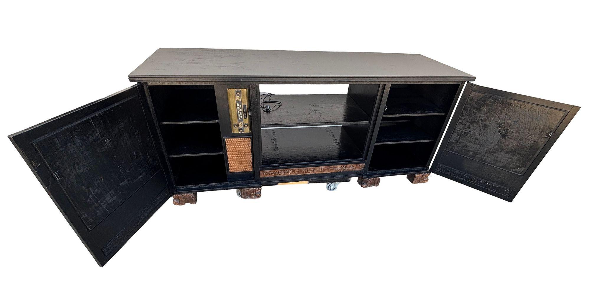 Mid-20th Century Mid-century James Mont Style Carved Media Credenza Stereo Cabinet For Sale