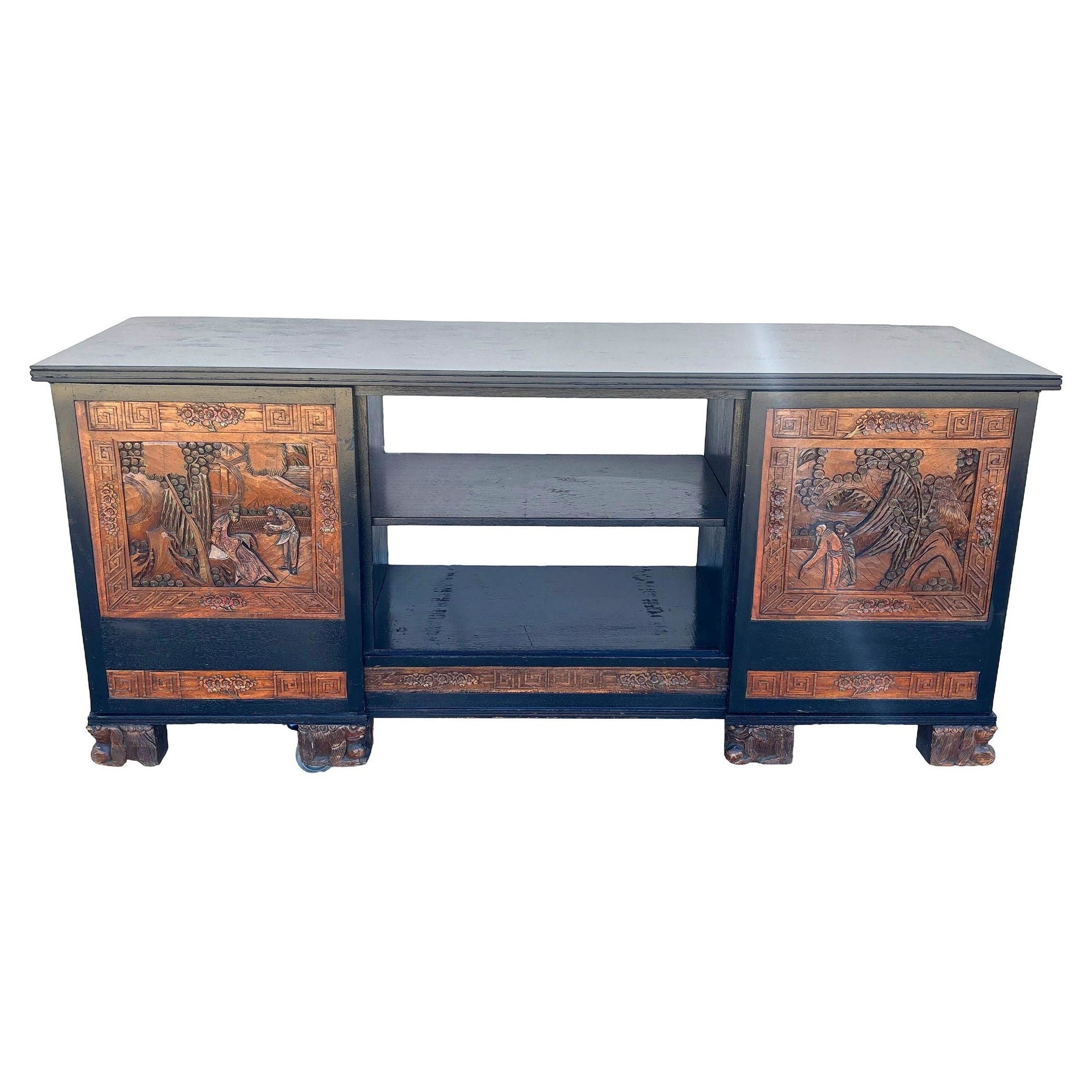 Credenza multimediale intagliata in stile James Mont della metà del secolo scorso Mobile Stereo