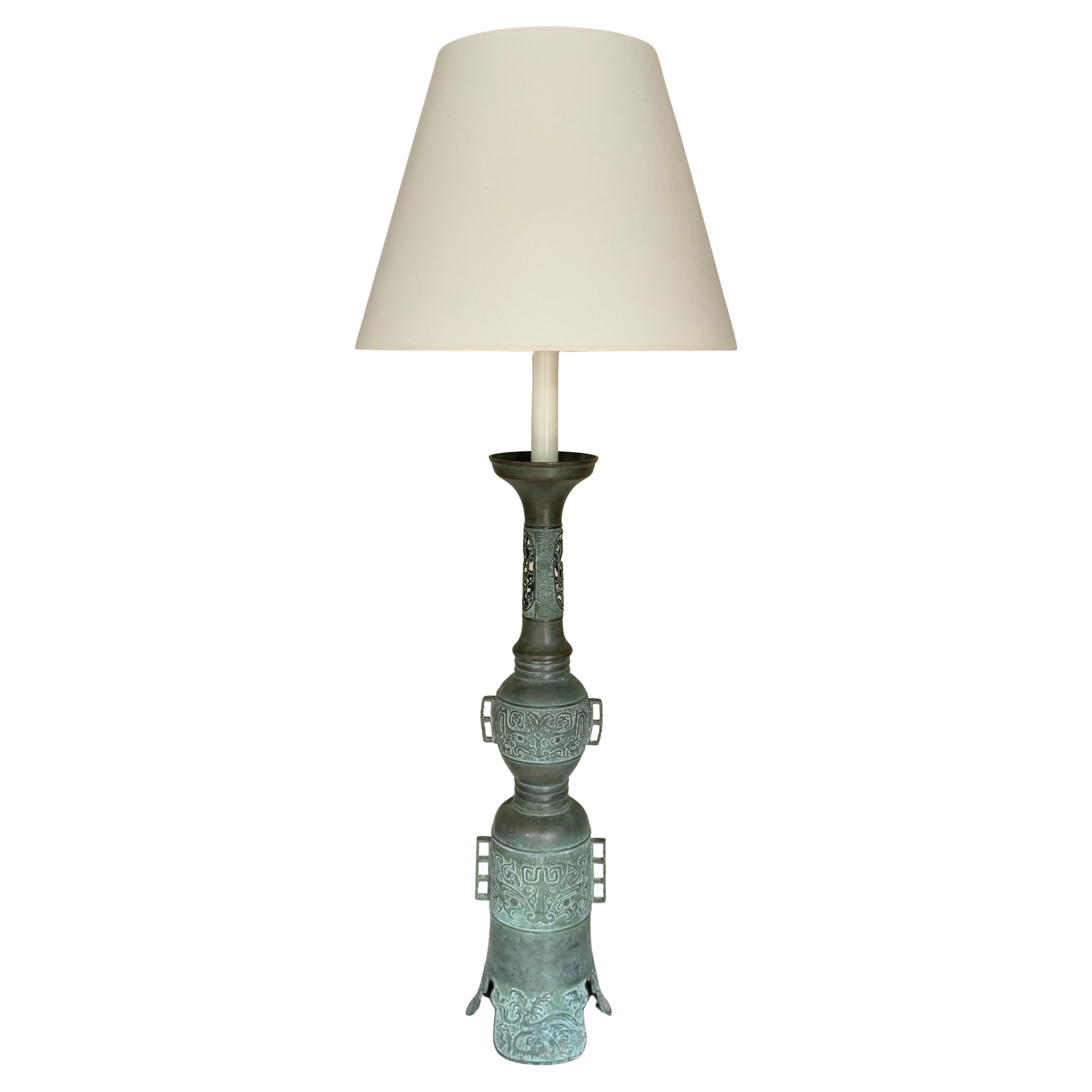 Hollywood Regency James Mont Style Tall Patinated Bronze Table Lamp Chinoiserie