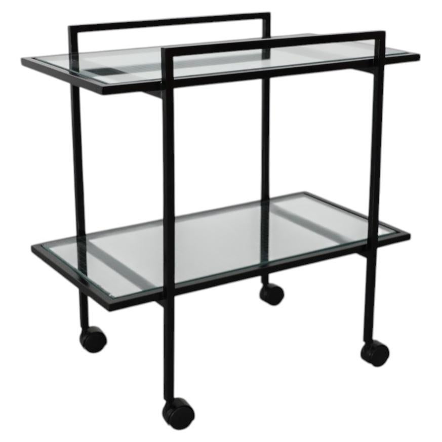 Mid-Century Janni van Pelt Style Black Bar Cart, Wire Grid Glass, Two Tier For Sale