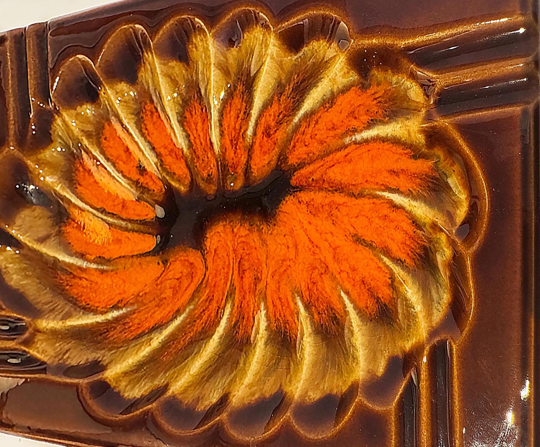 Mid-Century Modern Mid-century Japanese Abstract Floral Ashtray In Orange, Brown, and Tan For Sale