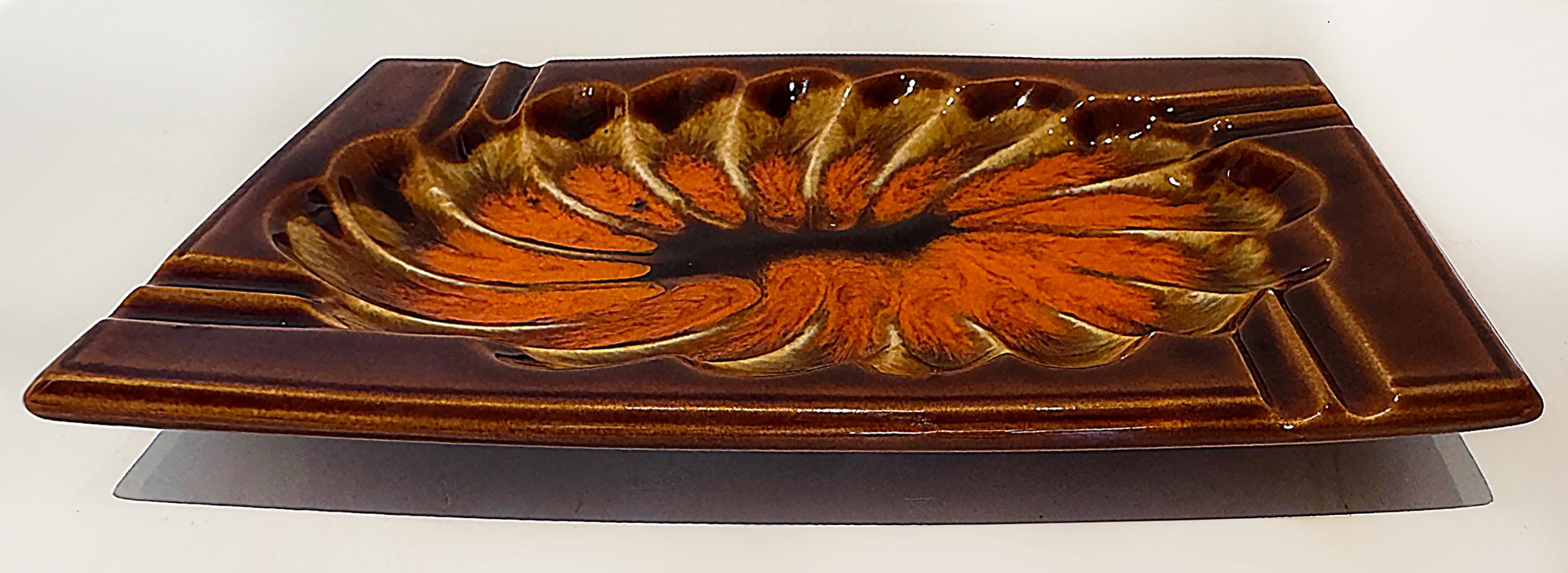 Glazed Mid-century Japanese Abstract Floral Ashtray In Orange, Brown, and Tan For Sale