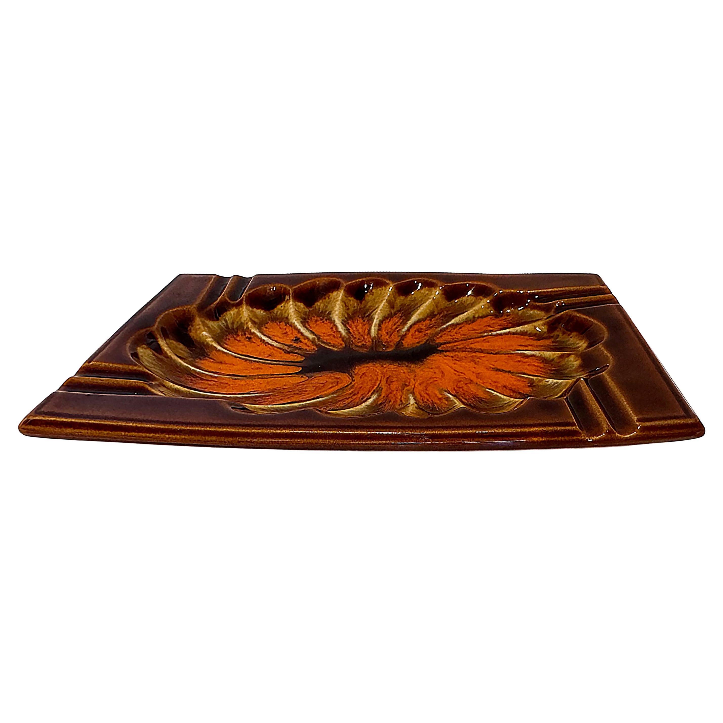 Mid-century Japanese Abstract Floral Ashtray In Orange, Brown, and Tan For Sale