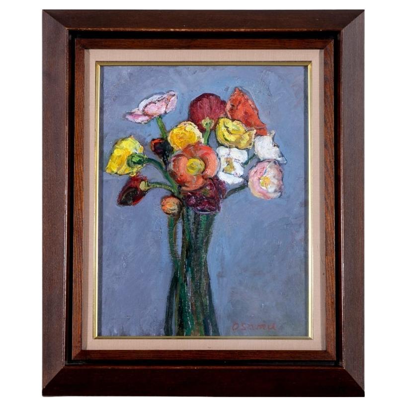 Mid Century Japanese Acrylic Floral Painting Signed, “Osamu” For Sale