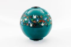 Mid-Century Japanese Cloisonné Enamel Vase by Sato with Origami Crane Motif