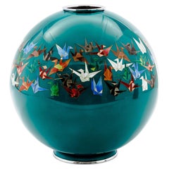 Mid-Century Japanese Cloisonné Enamel Vase by Sato with Origami Crane Motif