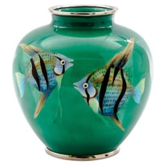 Mid-Century Japanese Cloisonné Enamel Vase with Tropical Fish Attributed to Sato