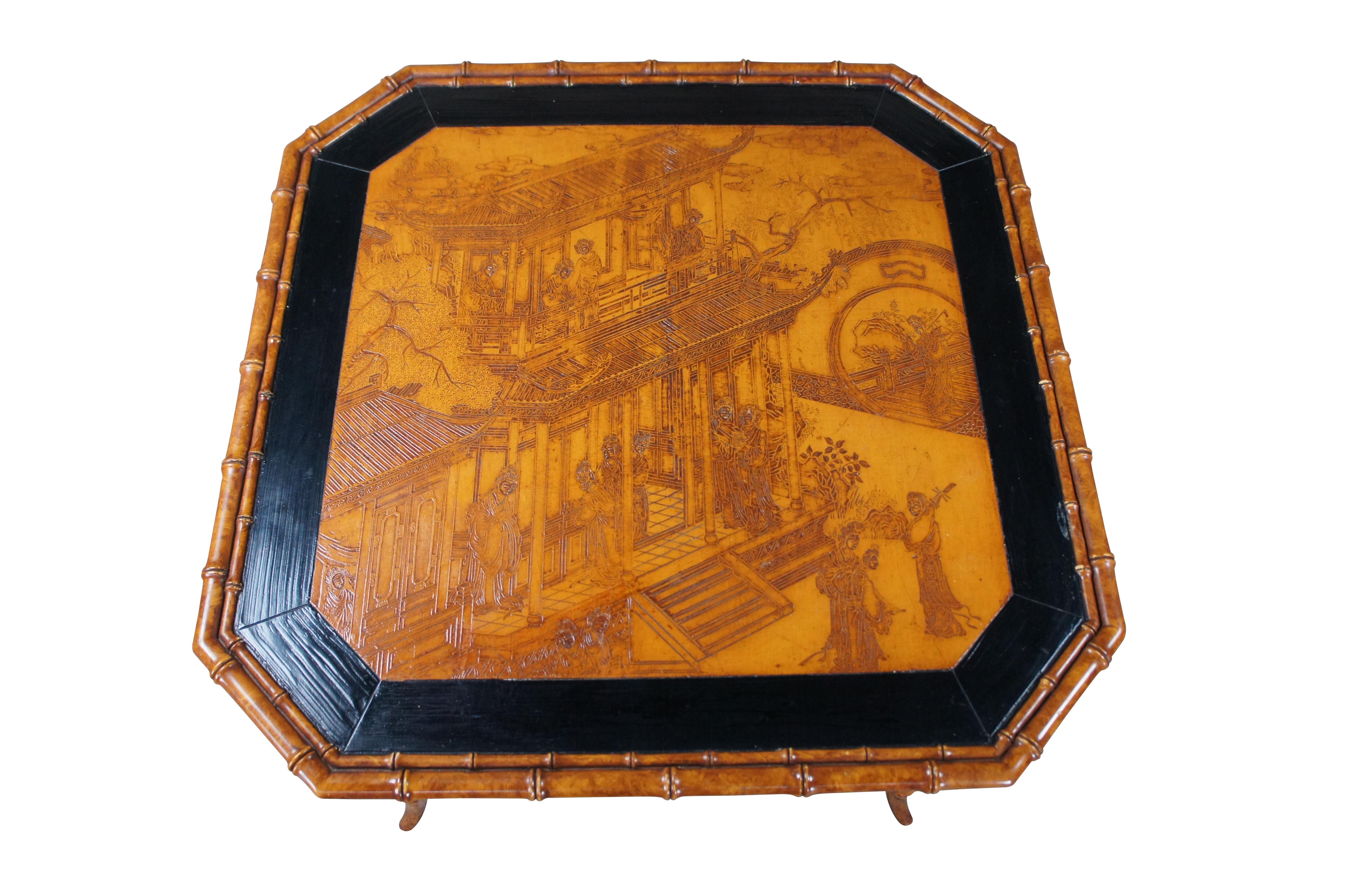 Japonisme Mid Century Japanese Geisha Faux Bamboo Lacquered Game Card Table