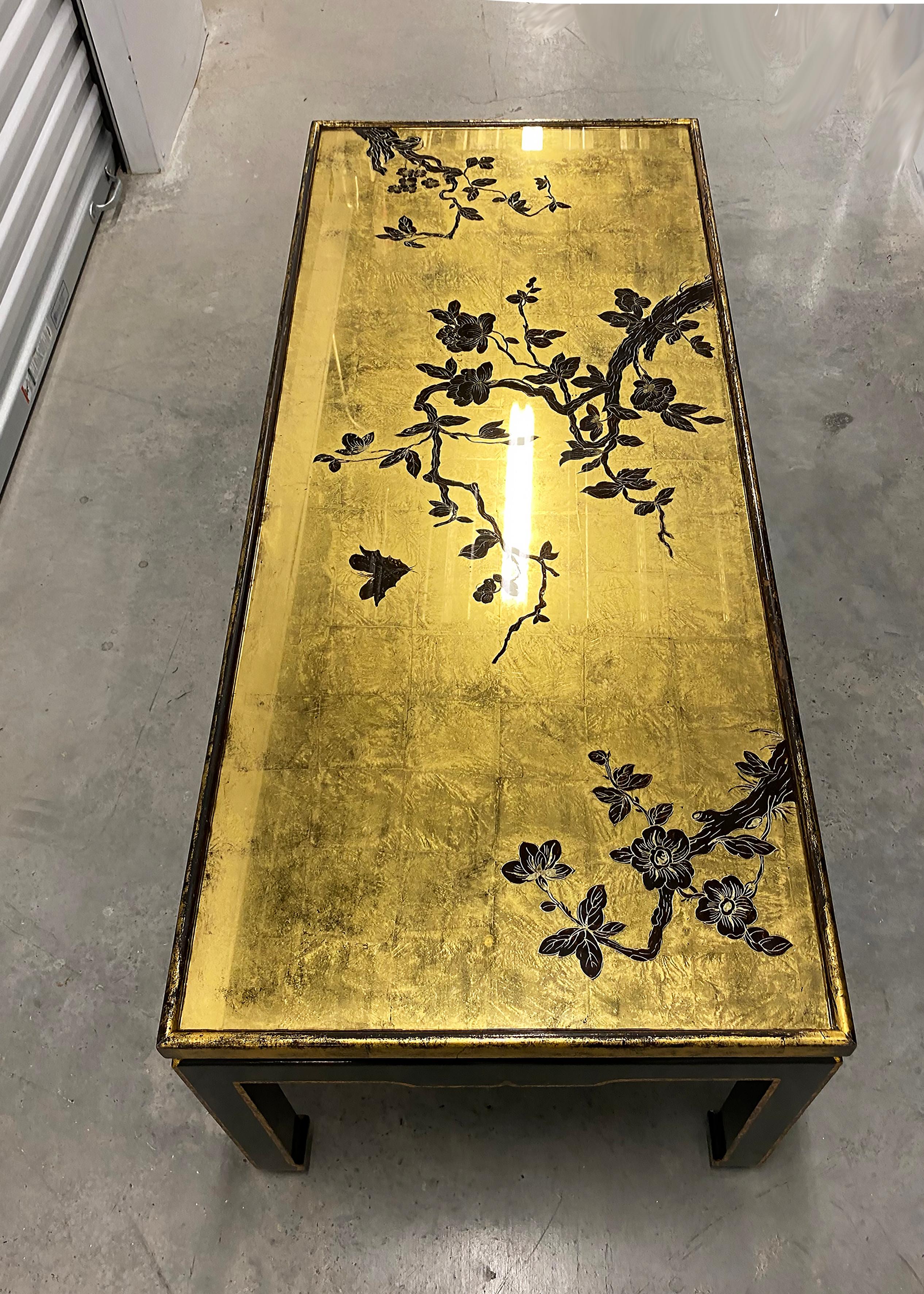 Mid-century Japanese Gold Leaf Cherry Blossom Coffee Table with Inset Glass For Sale 3