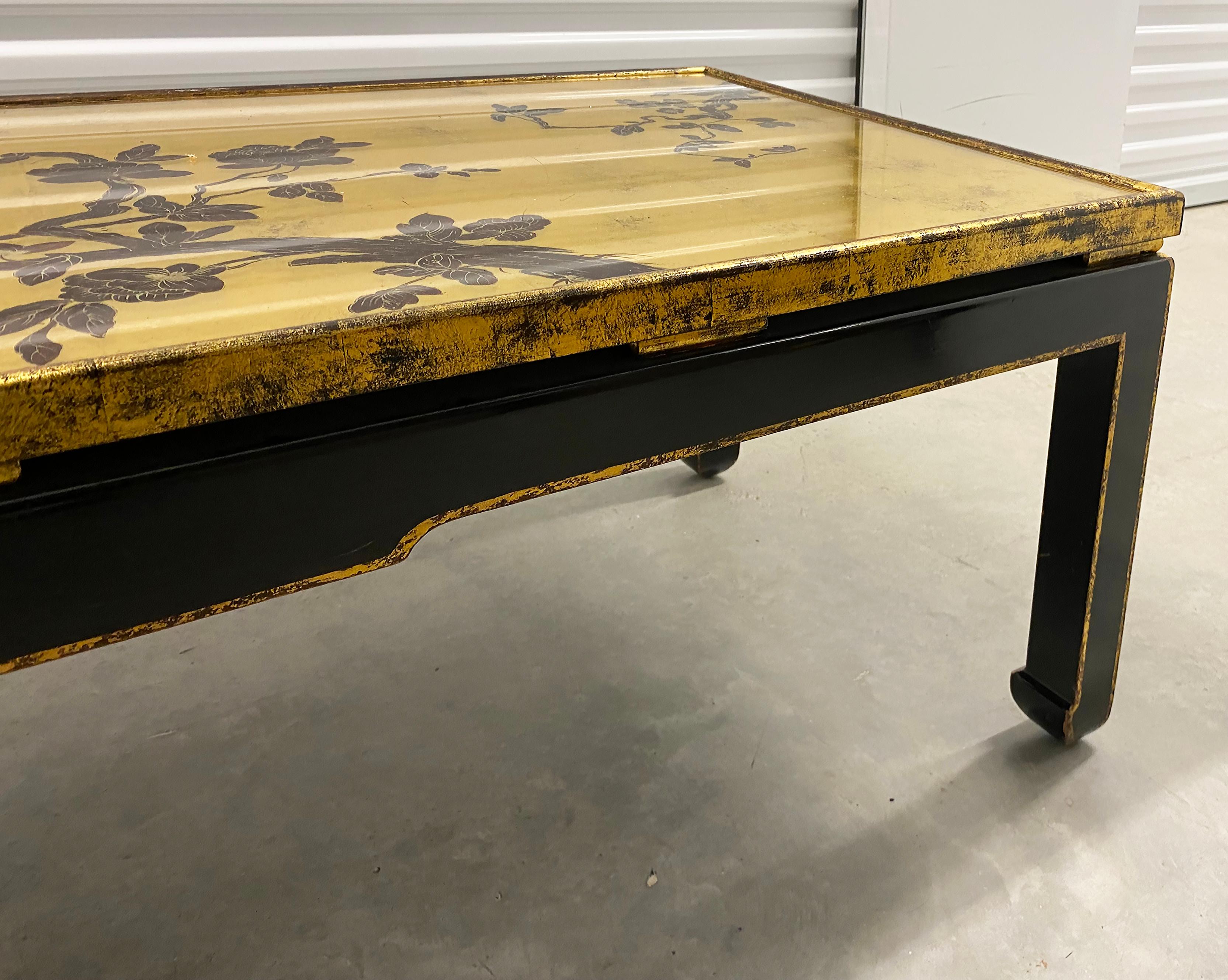 Mid-century Japanese Gold Leaf Cherry Blossom Coffee Table with Inset Glass For Sale 5