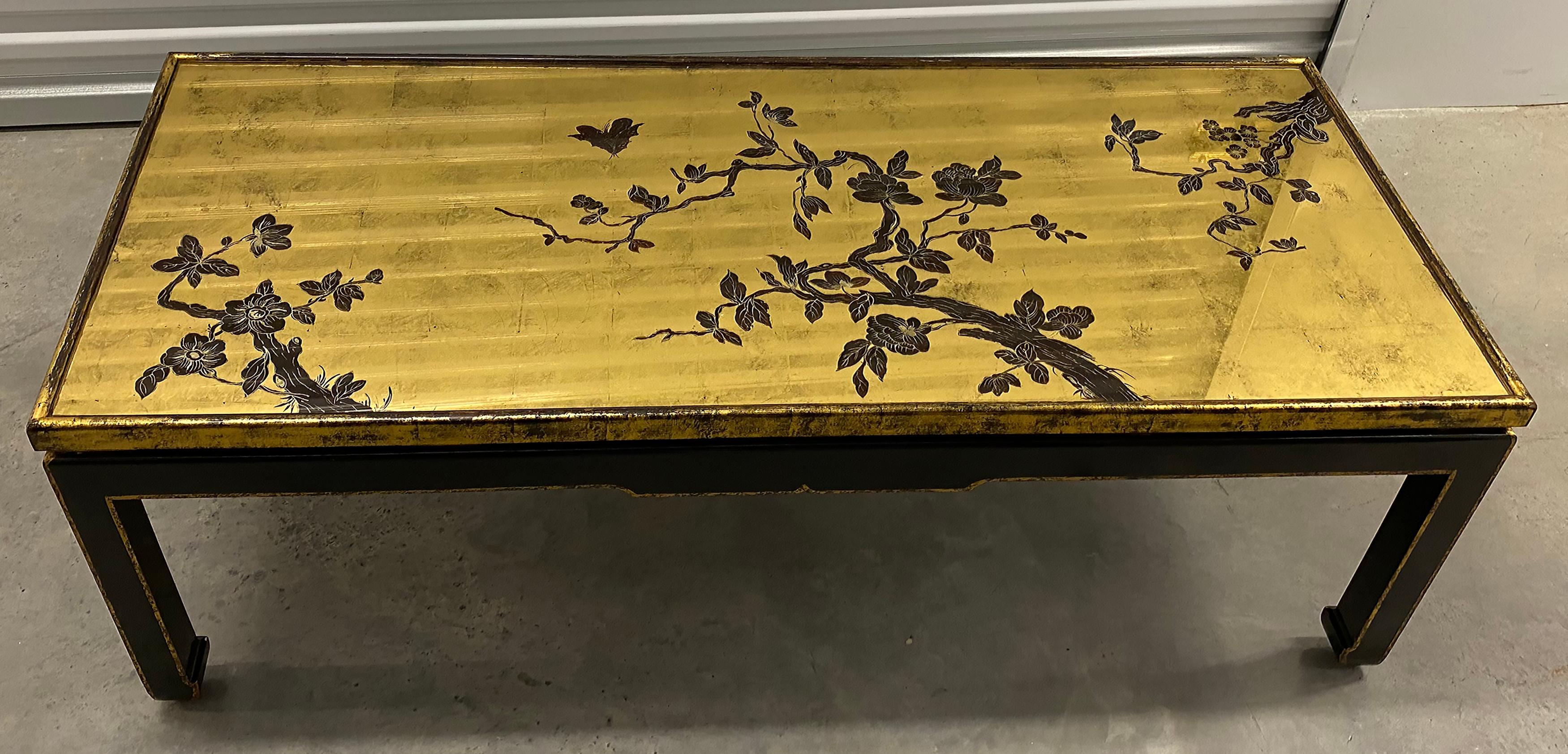 Mid-century Japanese Gold Leaf Cherry Blossom Coffee Table with Inset Glass For Sale 6