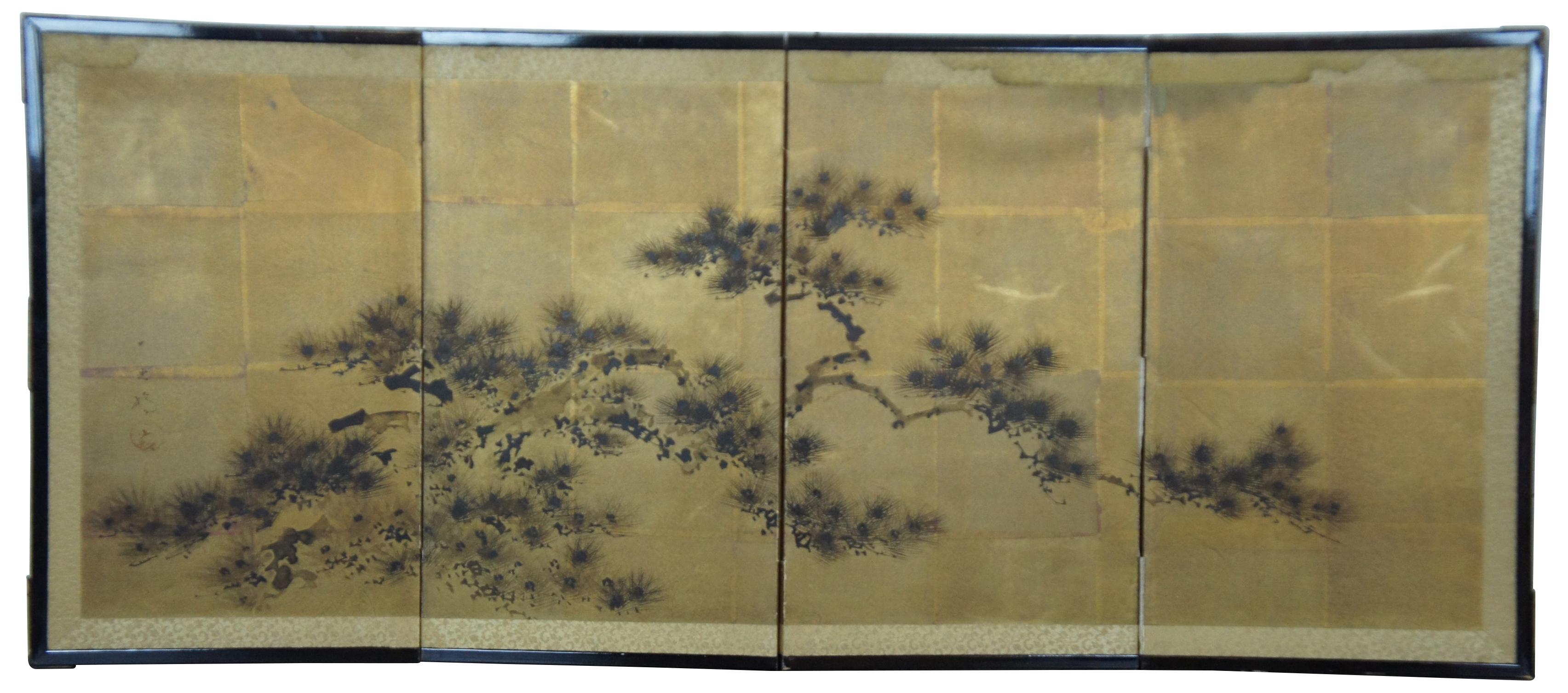 Vintage hand painted Japanese byobu four panel folding screen featuring a gnarled pine tree on a gold ground. Signed on the far left panel. Set in a black lacquer frame with printed paper backing. Measure: 44”.
 