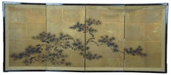 Mid-Century Japanese Hand Painted Byobu 4 Panel Silk Folding Screen Gold