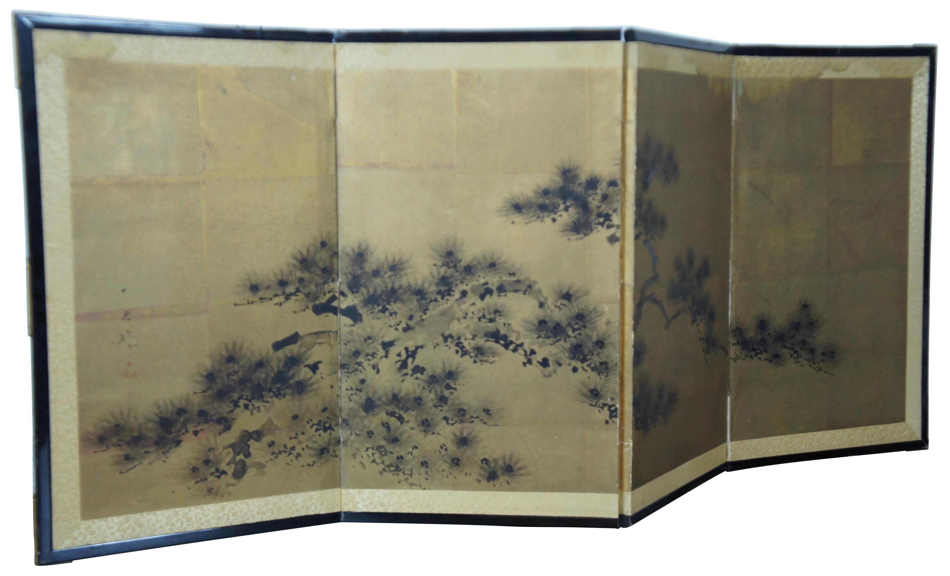 Japonisme Mid-Century Japanese Hand Painted Byobu 4 Panel Silk Folding Screen Gold