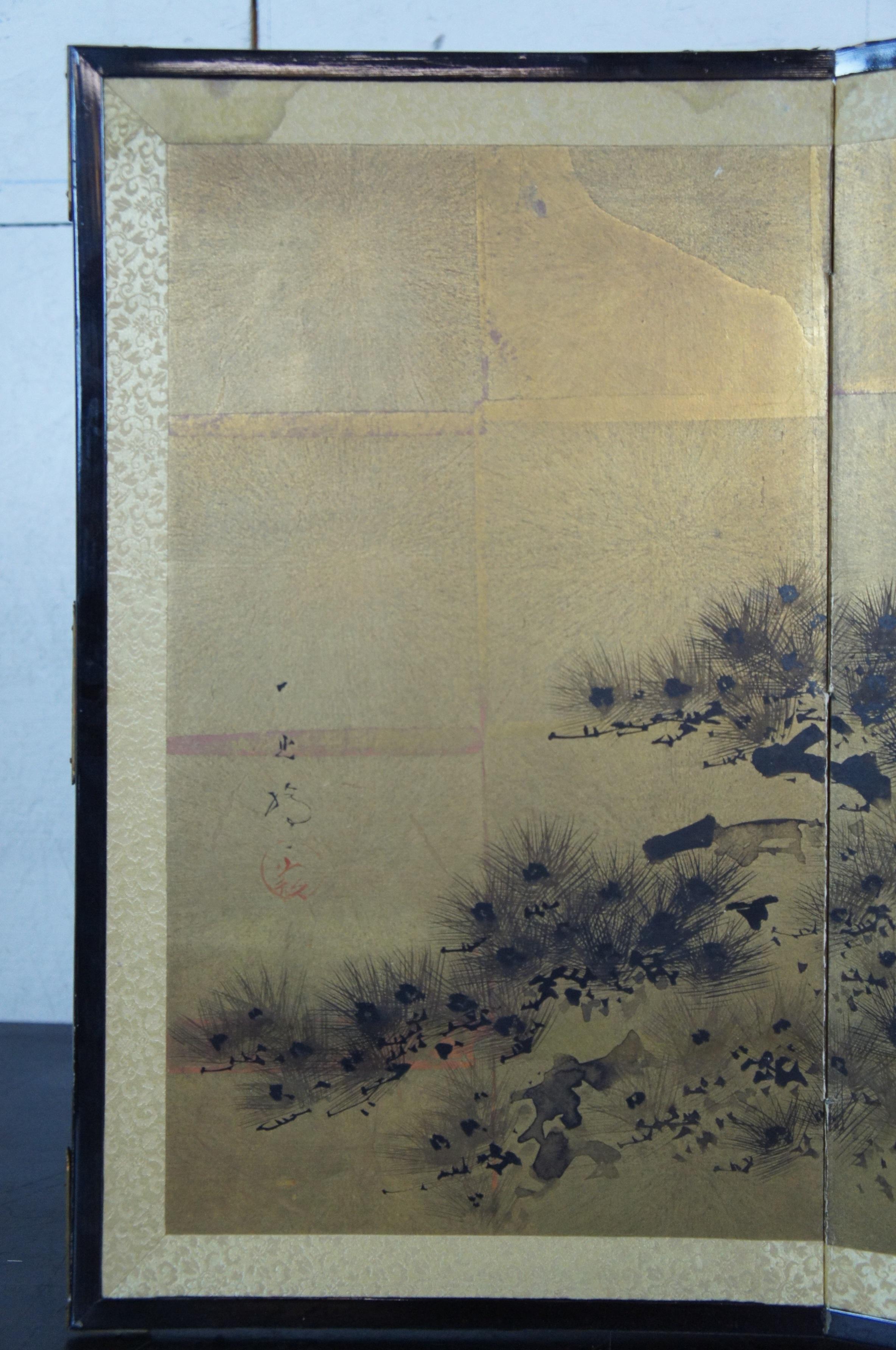Mid-Century Japanese Hand Painted Byobu 4 Panel Silk Folding Screen Gold In Good Condition In Dayton, OH