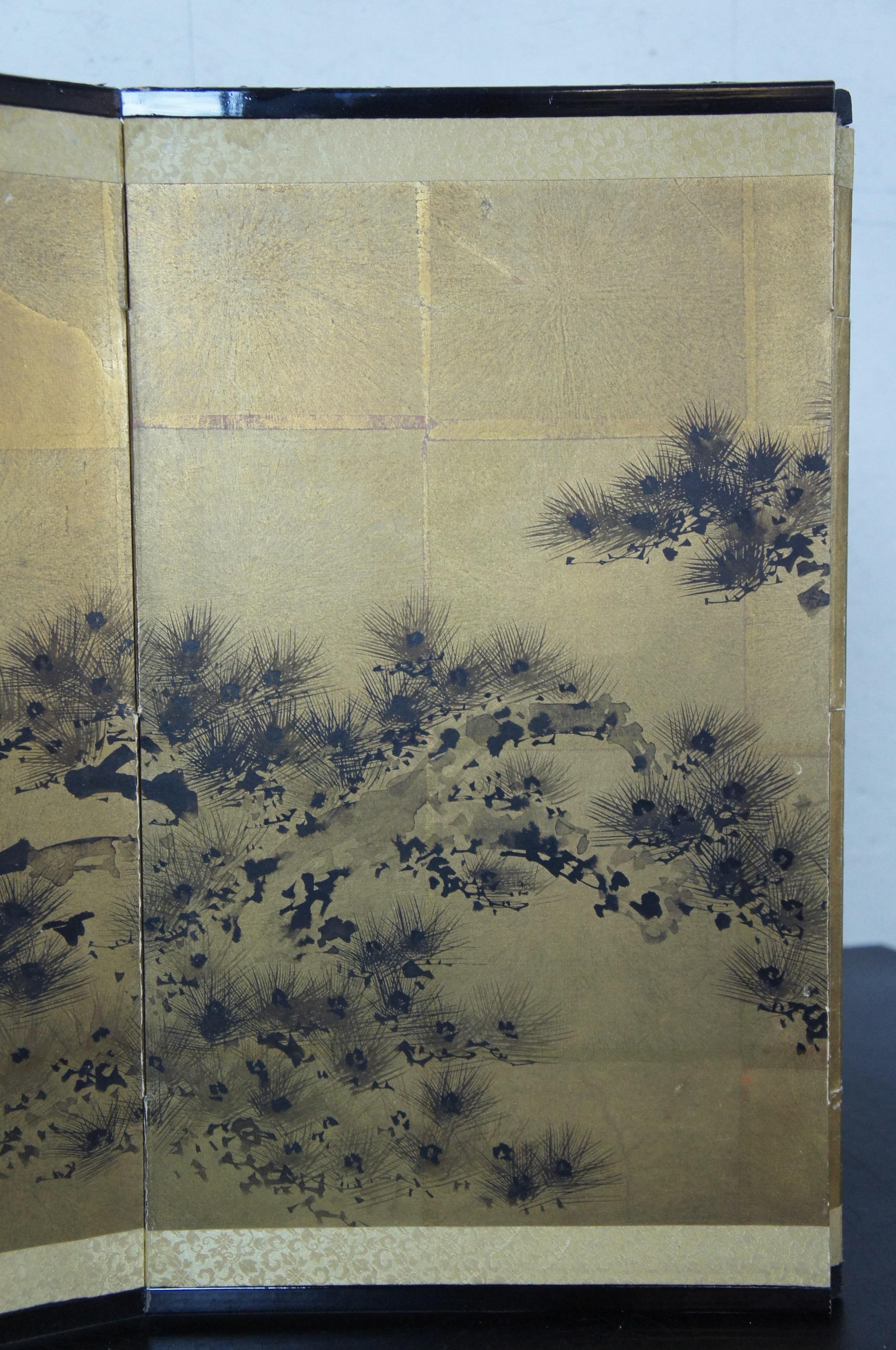 Mid-Century Japanese Hand Painted Byobu 4 Panel Silk Folding Screen Gold 1