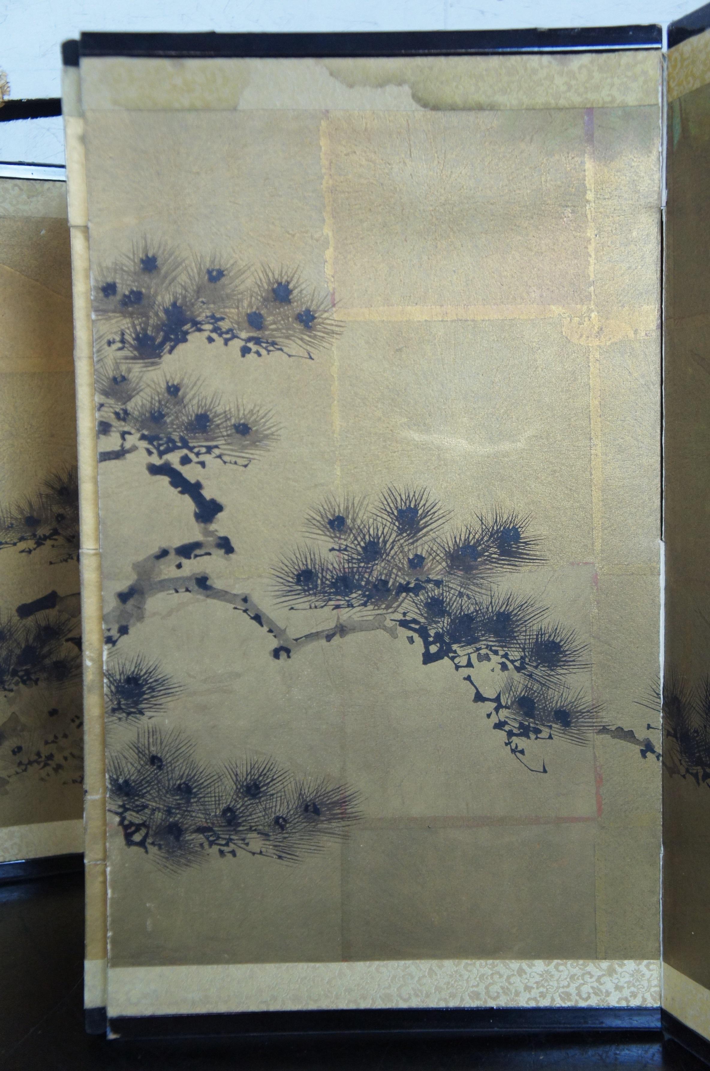 Mid-Century Japanese Hand Painted Byobu 4 Panel Silk Folding Screen Gold 2