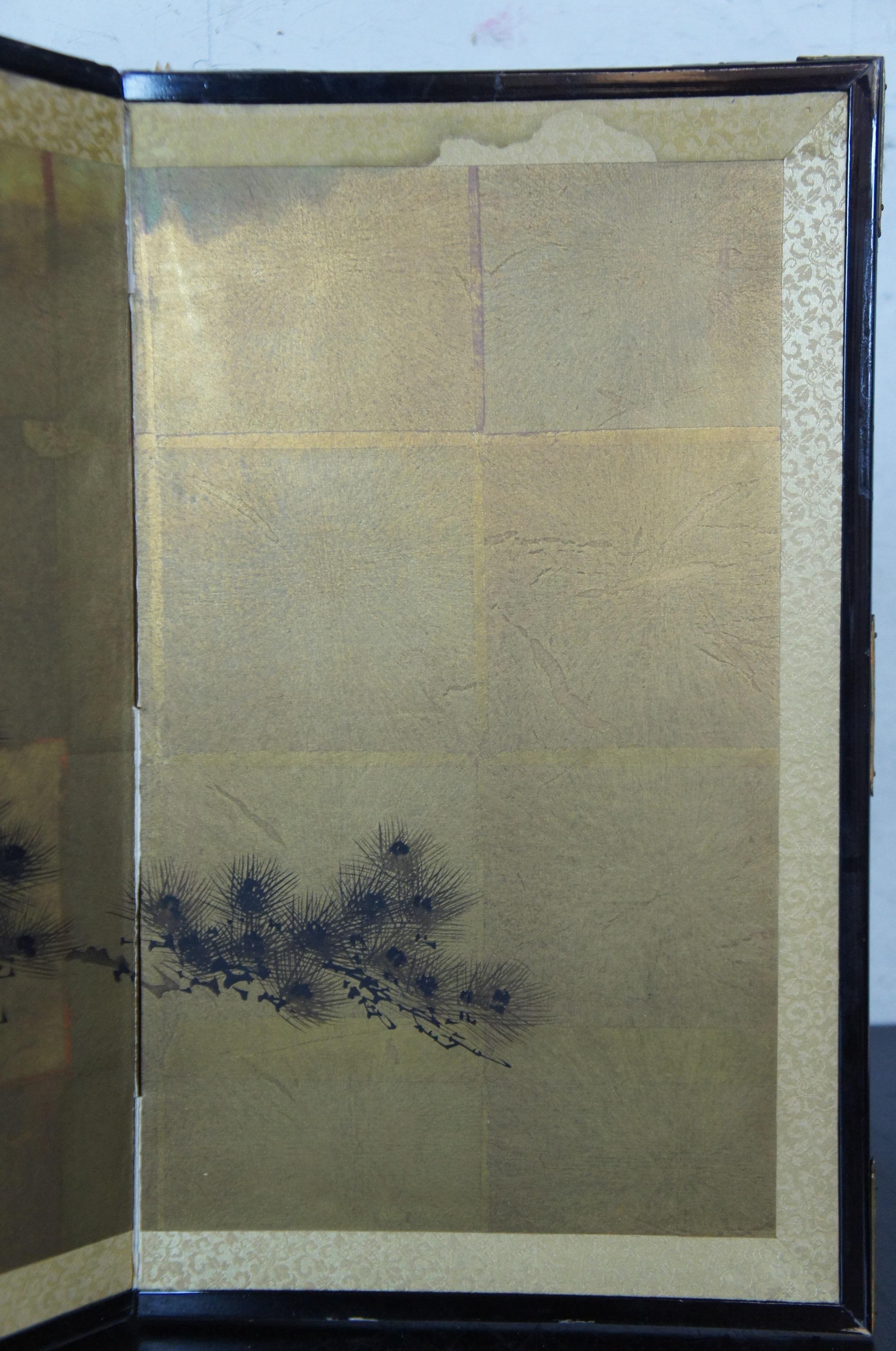 Mid-Century Japanese Hand Painted Byobu 4 Panel Silk Folding Screen Gold 3