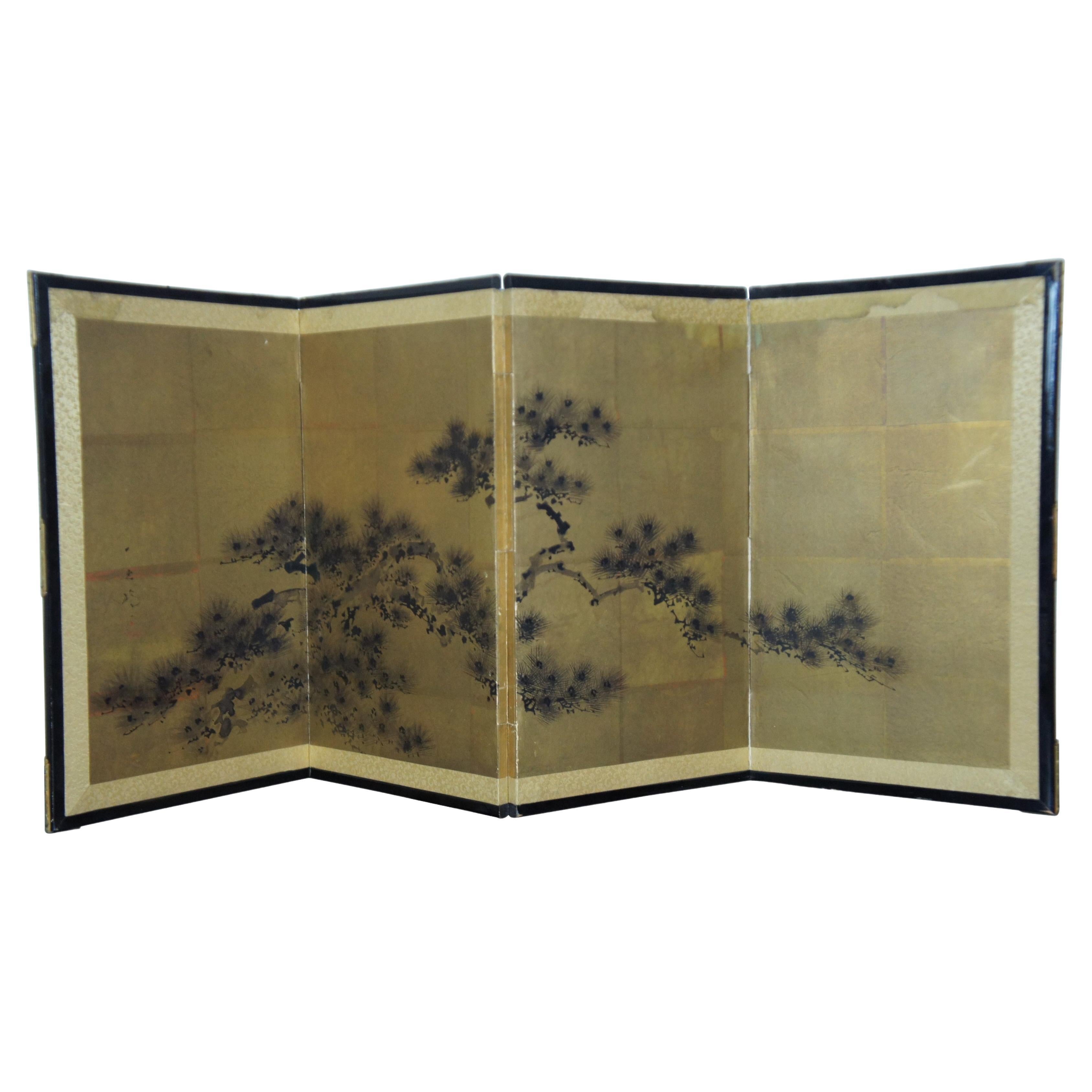 Mid-Century Japanese Hand Painted Byobu 4 Panel Silk Folding Screen Gold