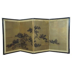 Retro Mid-Century Japanese Hand Painted Byobu 4 Panel Silk Folding Screen Gold