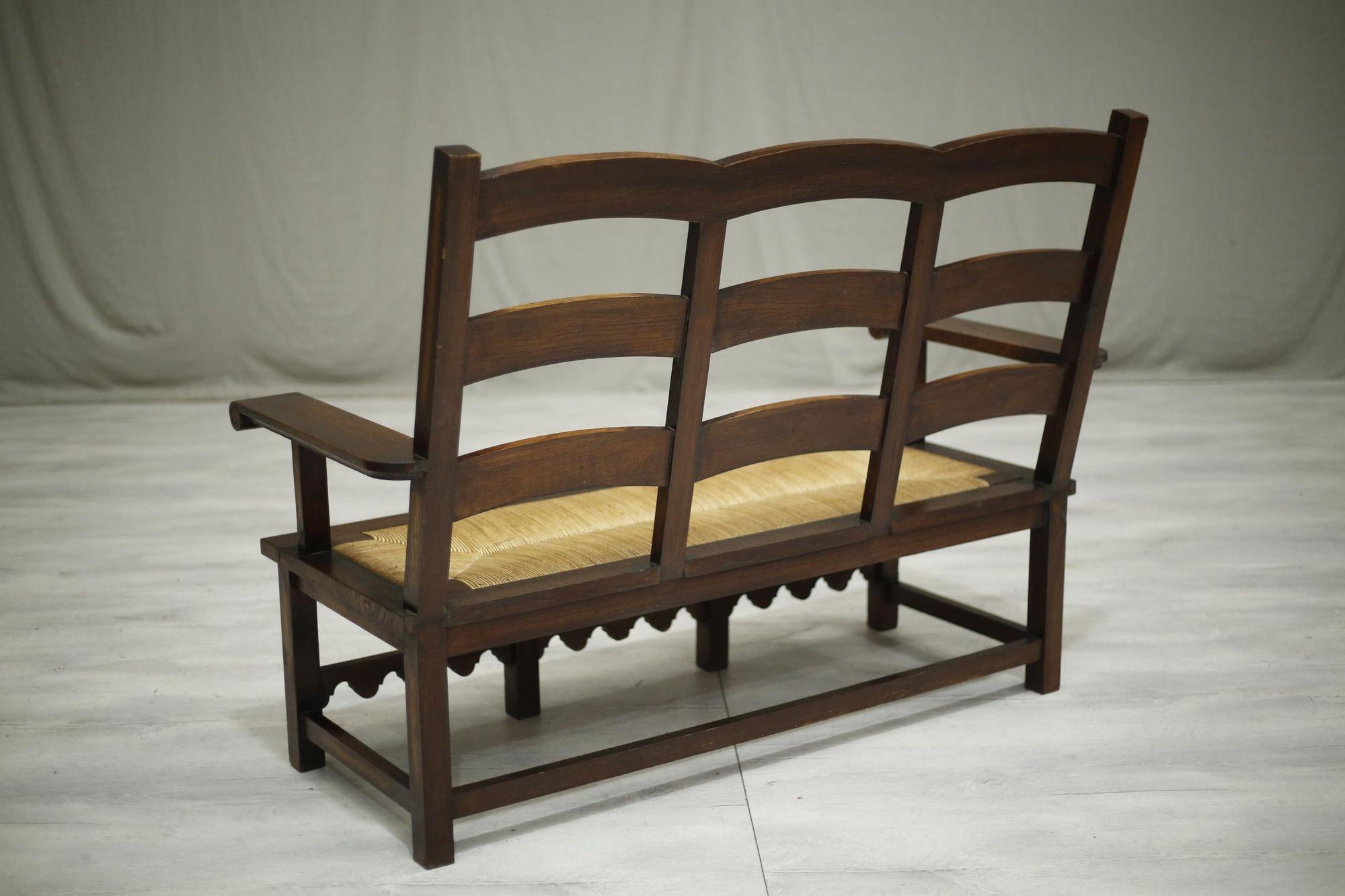 Mid Century Japanese Influence Oak and Rush Seated Hall Bench 7