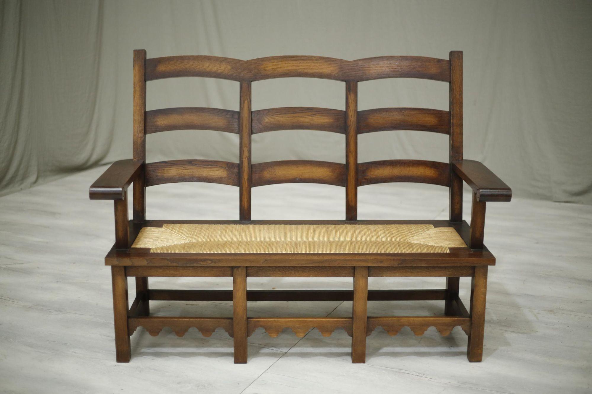 Mid Century Japanese Influence Oak and Rush Seated Hall Bench 5