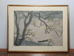 Mid Century Japanese Nihonga Ink & Wash Painting of Winter Blossoms and a Sampan
