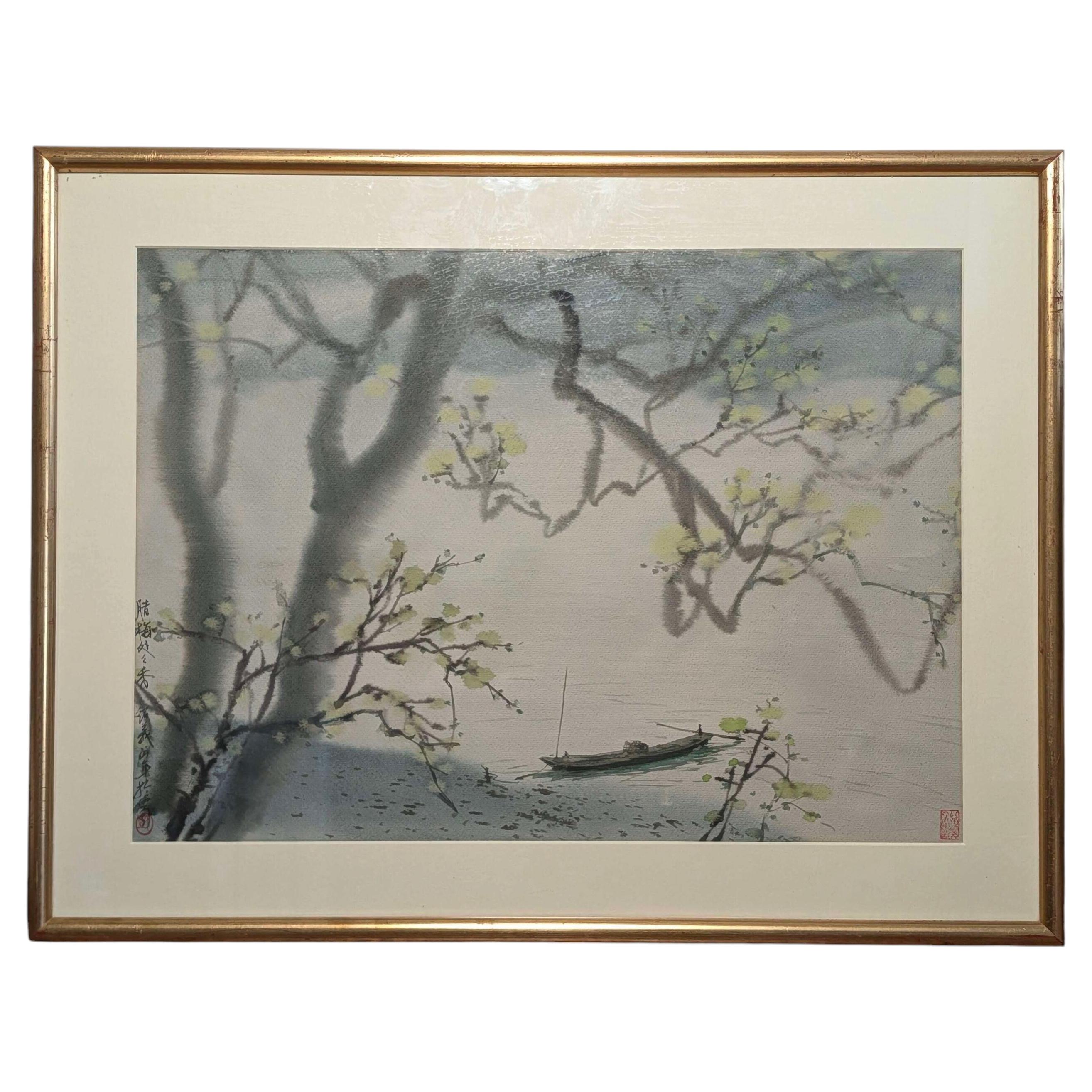 Mid Century Japanese Nihonga Ink & Wash Painting of Winter Blossoms and a Sampan